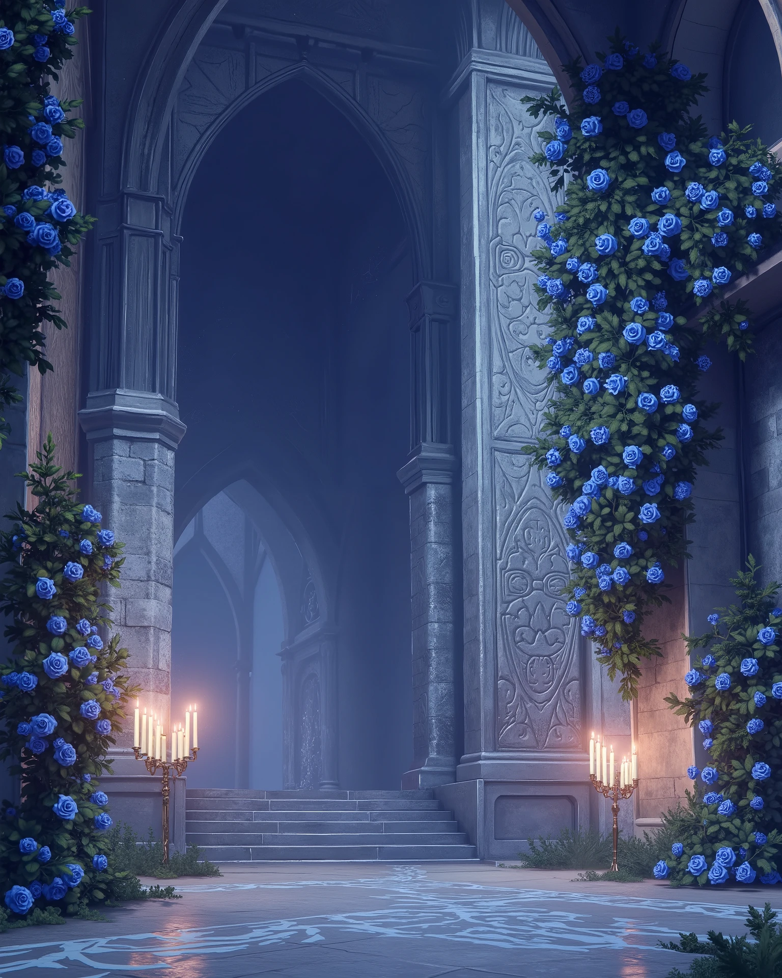  high definition, Accuracy,  High detail, medieval castle corridors , aura синяя легкая  ,  phantesis  , без людей, розы синие украшены стены, свечи , 