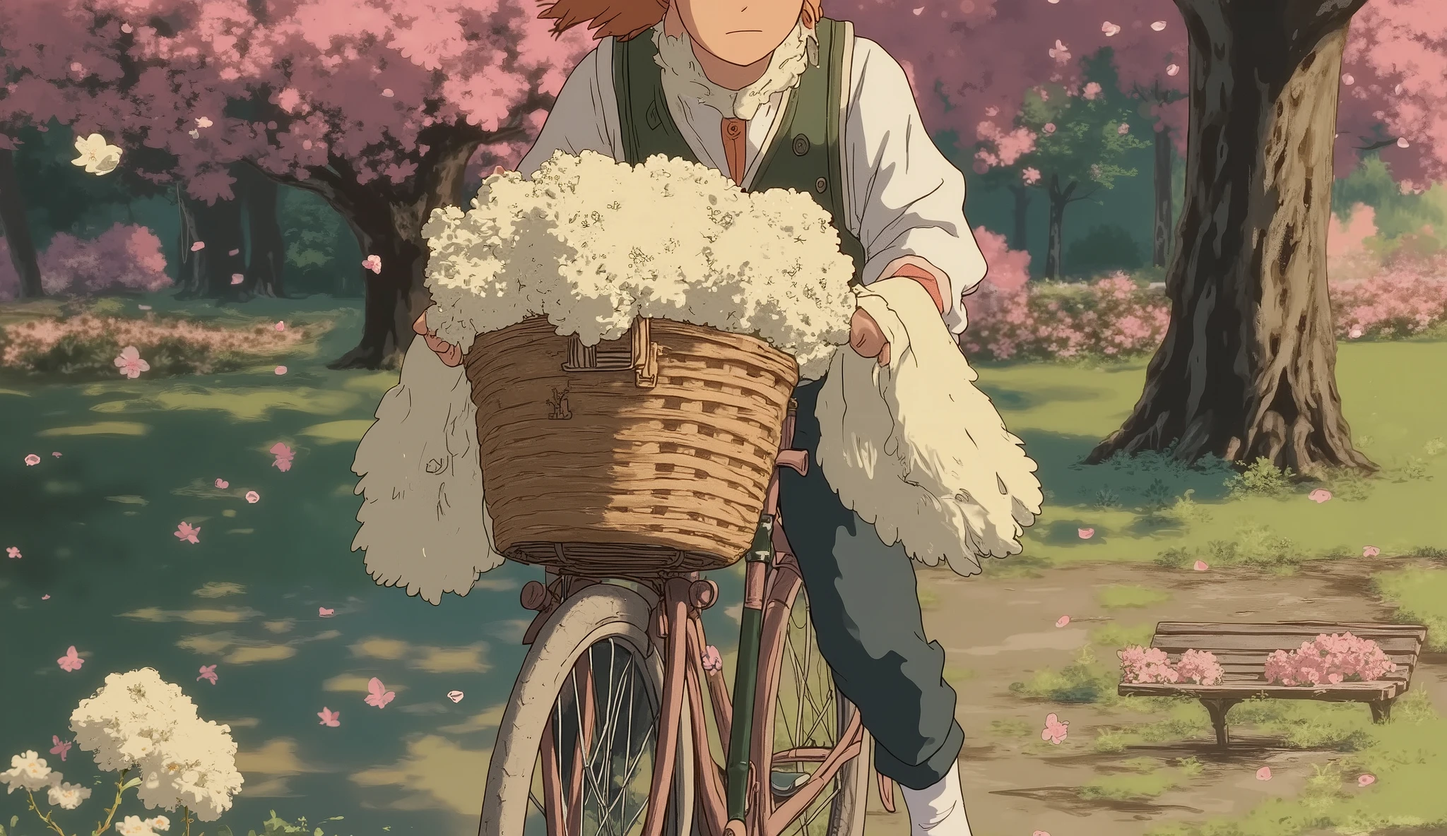 Bicycle by a Cherry Blossom Tree
Color Palette: Muted pinks, whites, and earthy greens.
Mood: Whimsical and peaceful.
Additional Elements: A gentle breeze carrying cherry blossom petals through the air, creating a dynamic sense of movement. The bicycle has a woven basket filled with fresh flowers, and a nearby park bench is dappled with sunlight filtering through the branches.