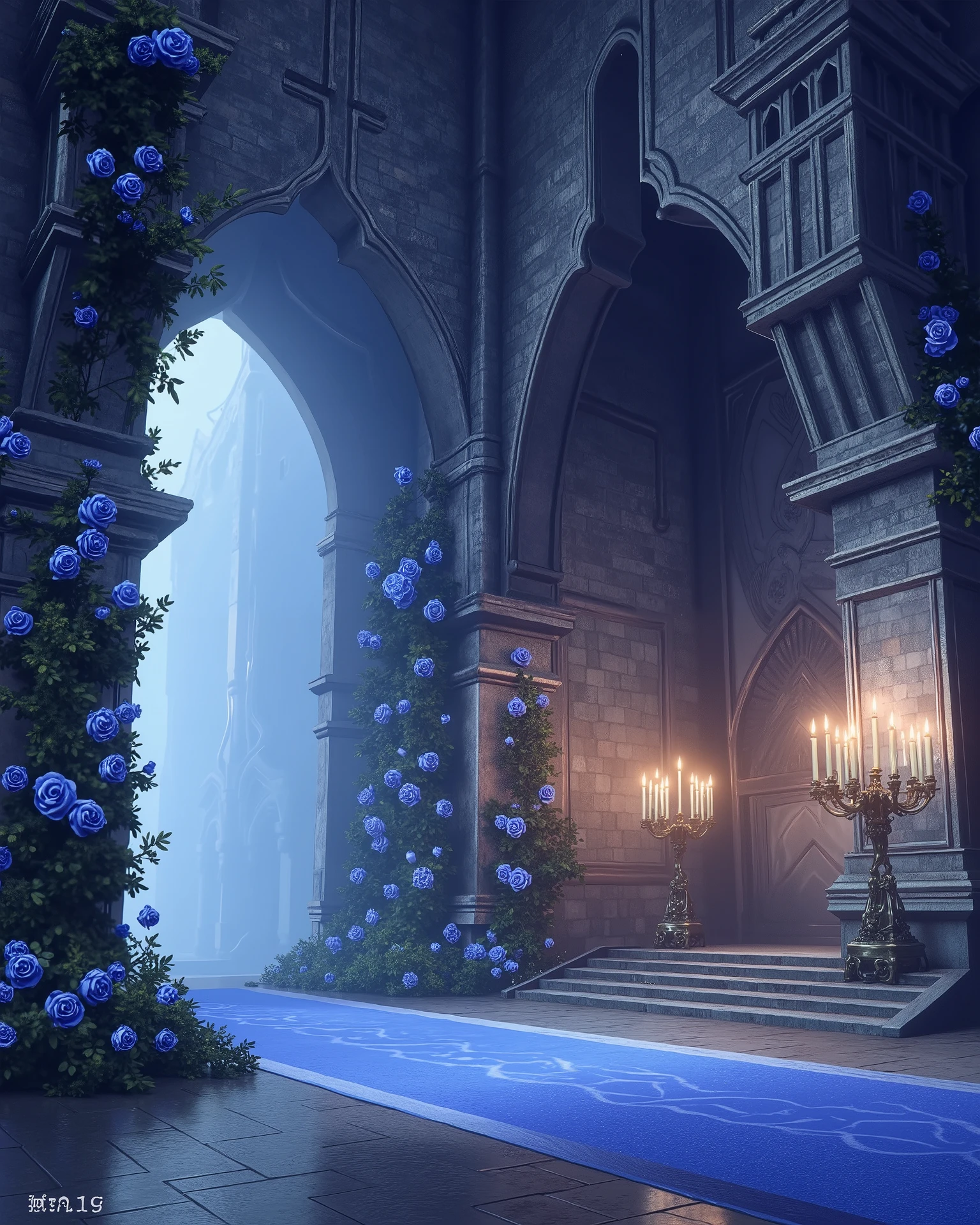 high definition, Accuracy, High detail, medieval castle corridors , aura синяя легкая , phantesis , без людей, розы синие украшены стены, свечи ,