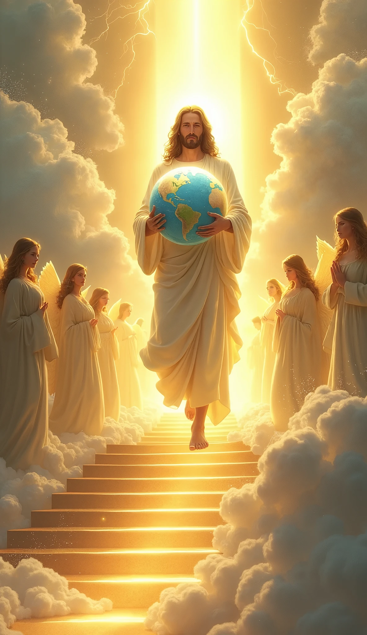 Ten Angels in heaven together holding the earth and Jesus behind all looking at the camera.