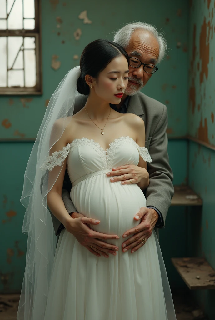 full body, top-quality, masterpiece, (((80 years old korean man and 20 years old bightly smile korean girl couples facing each other))), korean Girl sitting on the table, (80 years old korean man hugging young girl) , big breasts,  (girl wear wearing blue and white pencil skirt, plaid pencil skirt, white shirt, blue and white plaid bow), A pregnant girl with a big belly, (big breasts:1.1), in the shabby and dark office, correct hands, (((80 years old korean man wearing business suit))), (((((80 years old korean man touching a pregnant young girl's stomach and laughing)))), (((young girl hugging 80 years old korean man))),