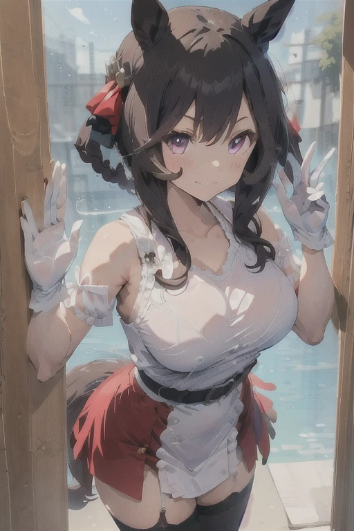 (masterpiece, Highest quality), One girl, Yunyun,Long Hair,Braiding,Twin tails,Hair between the eyes,Red hair ribbon,hair ornaments,large round breasts,、Black Hair、Red Eyes、(Happy face:1.2)、grassland、Crown Blade,(White dress:1.5)、(blush:1.2)、cowboy shot