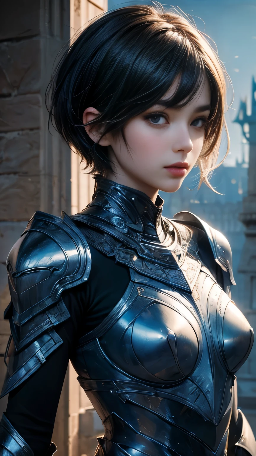 1girl,full body,red short hair,female knight,dirty armor,helmet,elbow guards,knee pads,((fishnet stockings,thigh high boots)),(best quality,4k,8k,highres,masterpiece:1.2),ultra-detailed,(realistic,photorealistic,photo-realistic:1.37),detailed face,beautiful detailed eyes,beautiful detailed lips,extremely detailed eyes and face,long eyelashes,dynamic pose,dramatic lighting,muted color palette,cinematic composition
