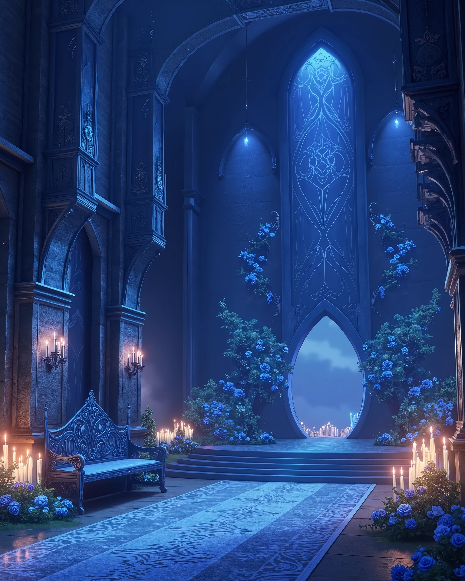 high definition, Accuracy, High detail, medieval castle corridors , aura light blue , Phantesis , without people, blue roses decorated walls , candles , porch, beautifully patterned bench ,