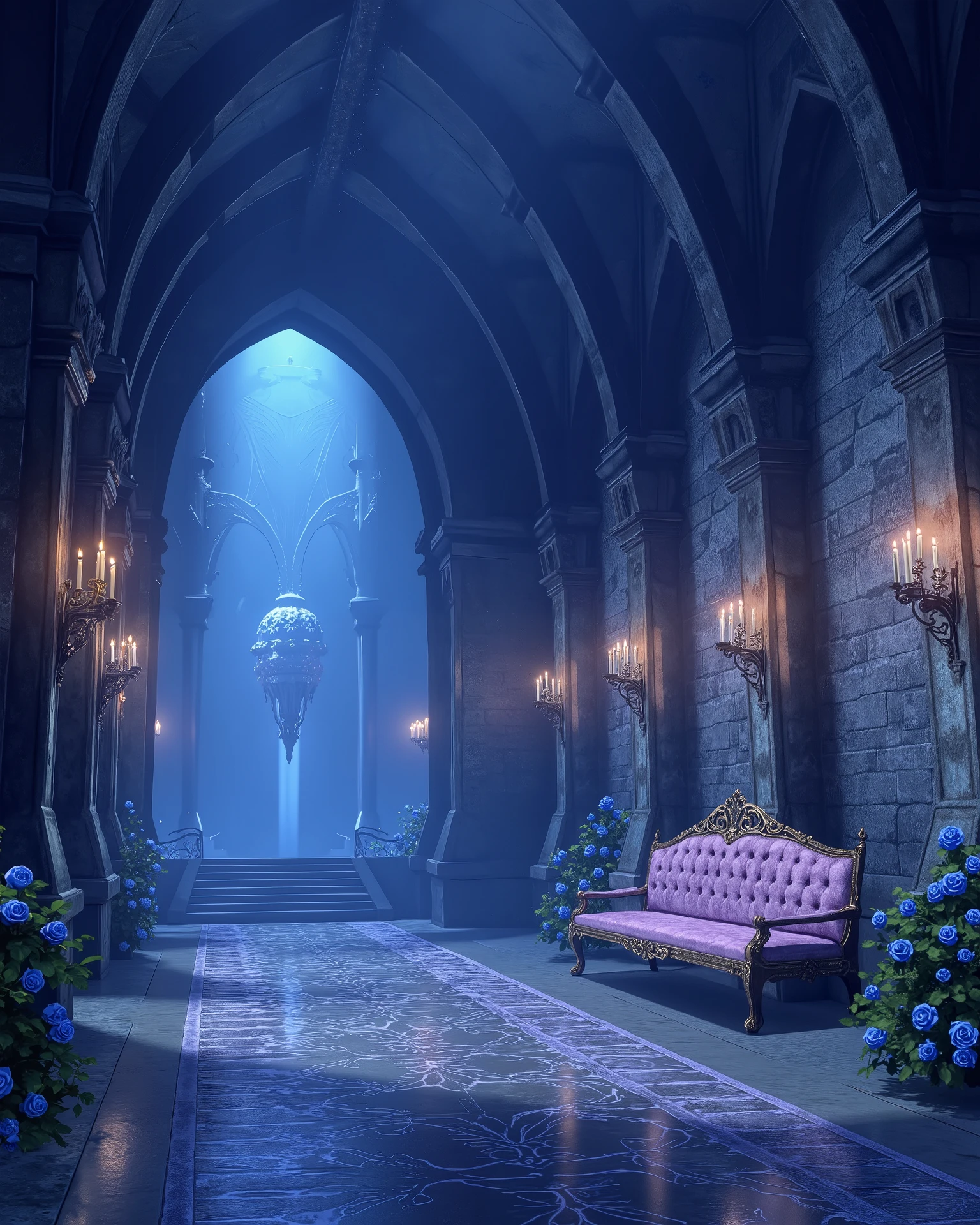 high definition, Accuracy, High detail, medieval castle corridors , aura light blue , Phantesis , without people, blue roses decorated walls , candles , porch, beautifully patterned bench ,