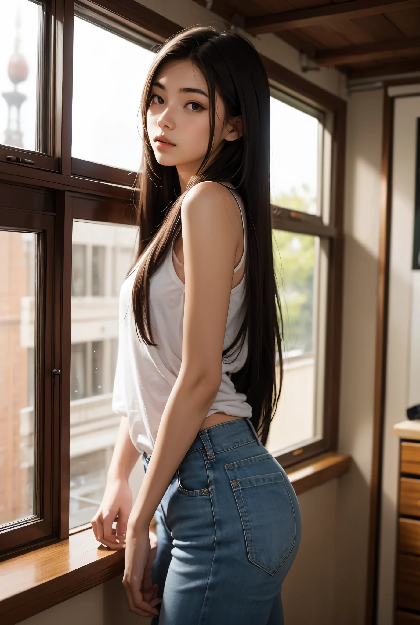 8k,Highest quality、40 years old、photographのためにポーズをとるボディスーツを着た清楚な人妻、、長澤蘆雪のポラロイドphotograph、tumbler、private press、photograph、feminine、Golden Ratio