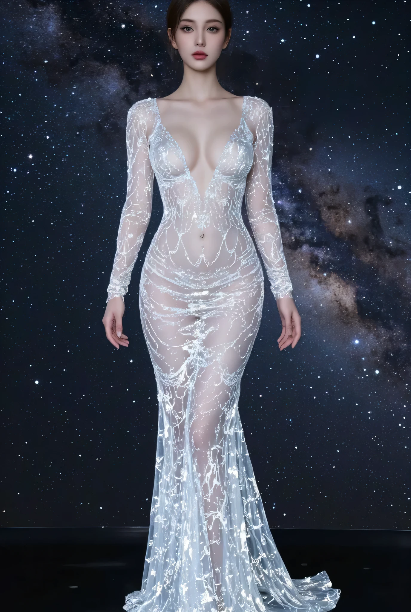 Masterpiece, (((full figure))) entire body in frame, (((magical lighting))) (((beautiful seductive smile sexy anorexic white woman standing on stone cosmic galaxy floor ))), ((( silver lace intricate tunic))) , (((short white hair))) sunset lighting, golden hour, golden colors, very detailed, dramatic lighting, digital art trending on Artstation 8k HD high definition detailed realistic, detailed, skin texture, hyper detailed, realistic skin texture, armature, best quality, ultra high res, (photorealistic:1.4), high resolution, detailed, raw photo, sharp re, by lee jeffries nikon d850 film stock photograph 4 kodak portra 400 camera f1.6 lens rich colors hyper realistic lifelike texture dramatic lighting unrealengine trending on artstation cinestill 800, (((accurate female anatomy)))