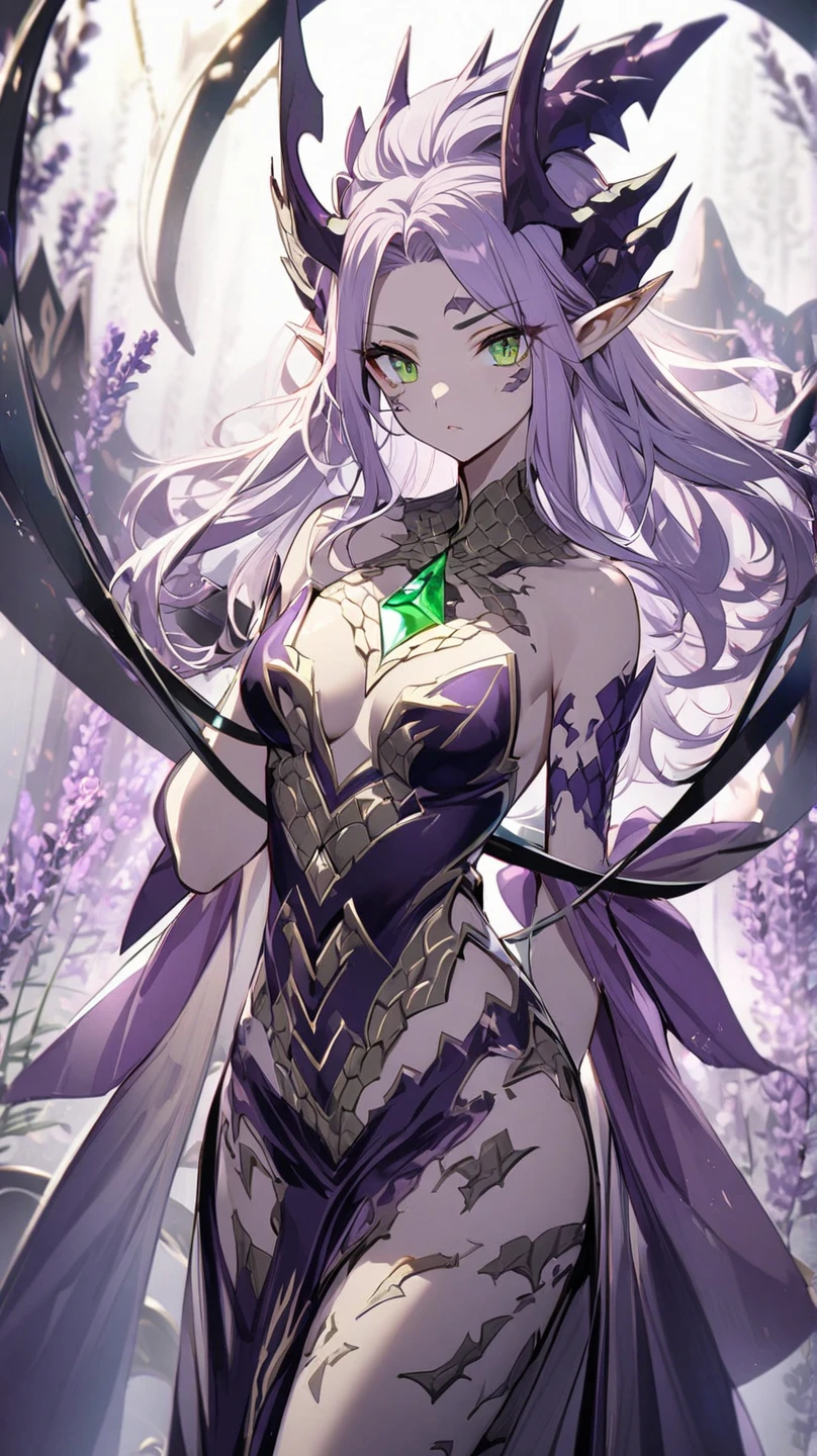 1 woman, Dragon Man , Clear skin, dragon scales are easily visible on your skin, light skin tone , lavender-colored light wavy hip-length hair , green eyes, medium , hourglass figure, pointed ears , dark purple spectacular kimono , in chains