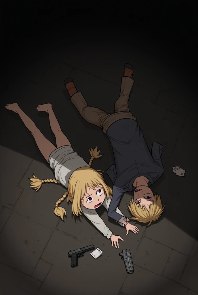 Yellow-haired anime girl in black and red tights kneeling on the ground, By Prue, Badass composition, sad!, sad Scenes, through new art, very sad, No more heroes concept art, By Ei-Q, crawl!!, epic Scenes, , This is pixivs and junji, anime style”, soul Eater, Scenes!!, Douban