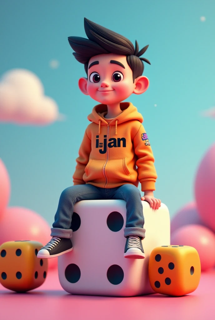 3d cartoon tenage boy, his jacket got 'IJAN' word on it, sitting on big dices