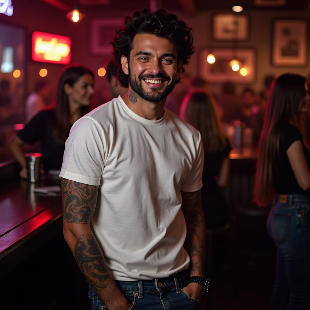 High definition image defined skin texture happy 30-year-old man with black hair with tattoo on his arm He wears a simple large white t-shirt and he wears ripped jeans, plenty of lighting, light and shade on his clothes. He is in a pub interacting with a band in the background a rock band plays on stage in the background other women people drink in the pub High definition image, immersive environment, Intense lighting and shade
