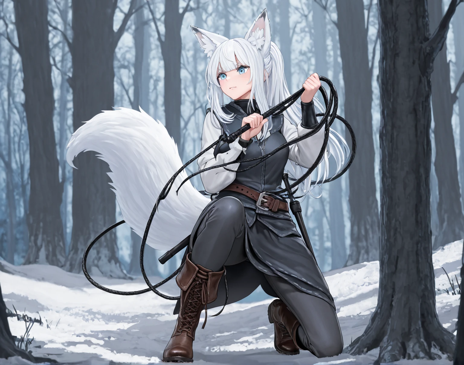 A woman dressed as an adventurer , With three white fox tails, white fuzzy ear , with long white hair and light blue eyes, a whip in the hand and an inexpressive face, leather boots, With the background of a forest camp