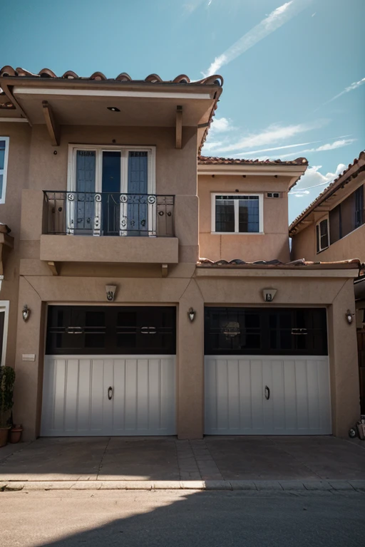 A humble three-story neighborhood house, metal garage door, windows, ornamentations, adjacent to other similar houses, very similar to the houses found in the south of Bogotá, highly detailed, photorealistic, 8k, cinematic lighting, dramatic shadows, vibrant colors, warm tones