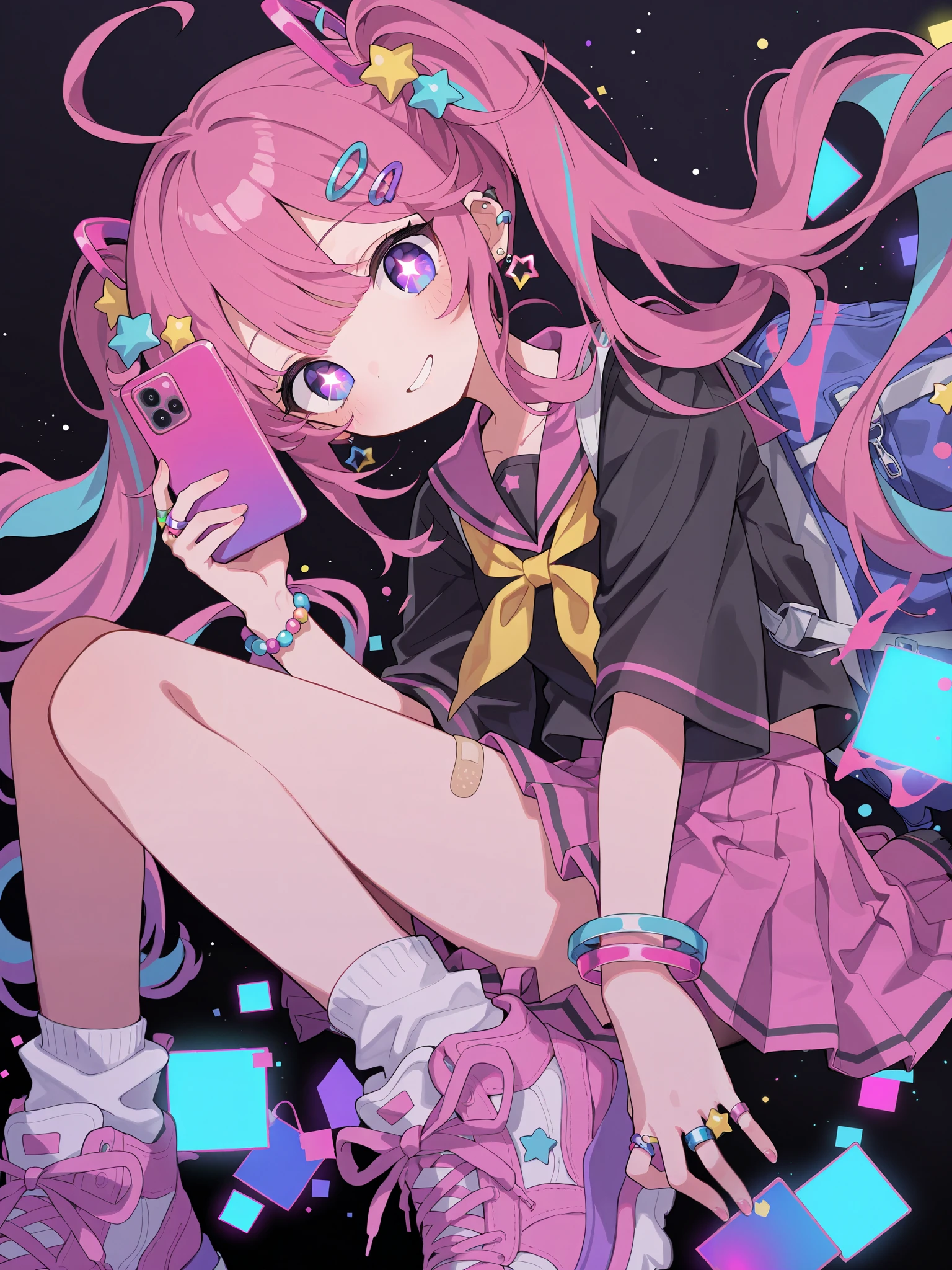 ultra-detailed illustration of cute girl, kawaii, solo, long twintails, deep pink and cyan hair, ahoge, purple eyes, star-shaped highlights in the eyes, smile, black serafuku with yellow neckerchief, pleated pink skirt, black background with glowing colorful squares, vivid hues, neon color, bracelets, earrings, rings, hair ornaments, band-aids, white socks, purple platform sneakers, high-cut sneakers, random pose, cute pose, smartphone selfie, pink smartphone, masterpiece, best quality, beautiful and aesthetic art, perfect anatomy, perfect hands, five fingers, dutch angle, light particles, iridescental glitch effects, psychedelic toned illustration