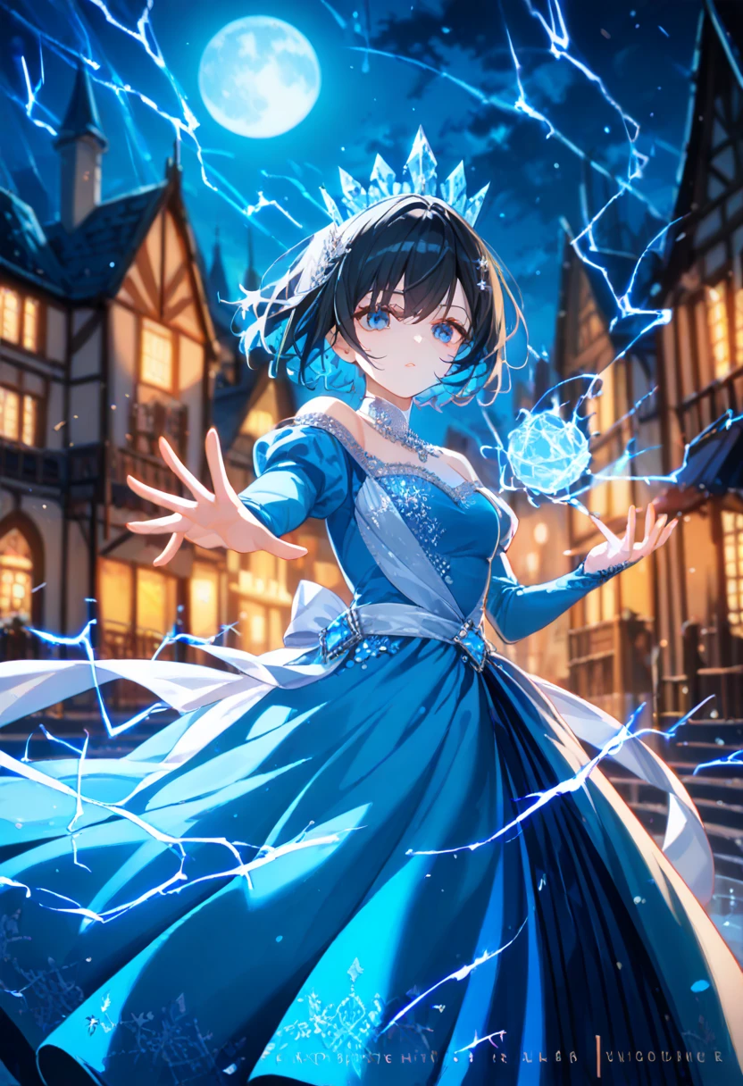 night, ((1 girl)), alone, masterpiece, 8k wallpaper, highres, absurdres, high quality background, short hair, black hair, multicolor hair, beautiful frozen village, (full bright moon), blue dress, detailed dress, jewelry dress, (magic:1.2), blue fire, blue eyes, glowing eyes, fire, ice goddess, (blue detailed beautiful crown), electricity, blue electricity, blue light particles