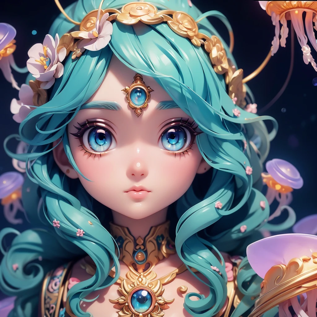 (A girl with colorful hair)(Best quality, A high resolution, Vivid colors, (Water Goddess), (comic strip))Forged hammer pattern,Big belly,oguchi,sedate,massiness,Shiny and warm