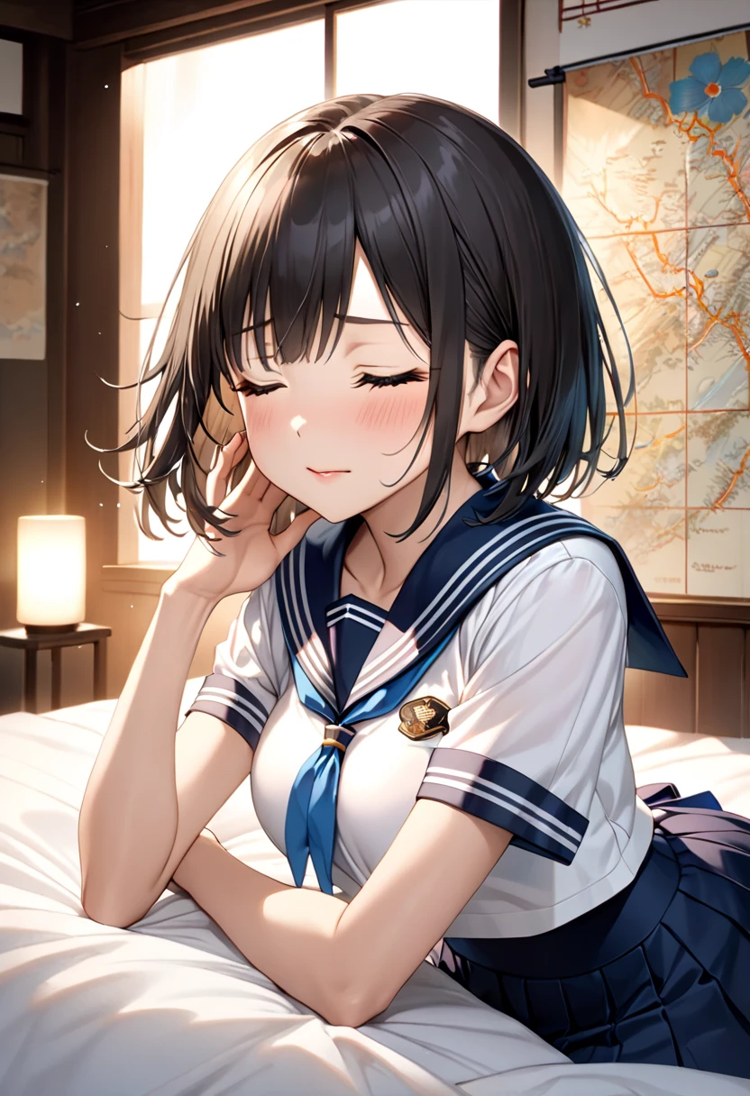 nsfw faceless male ((Highest quality)), ((masterpiece)), (detailed), (Prevention of drawing errors)One girl, Off-the-shoulder sweater, First Person View Brown Skin High school girls White Sailor Suit White short skirt Blue ribbon on clothes Brown short hair chest(F Cup) Inside the house night Bedroom Cum oace