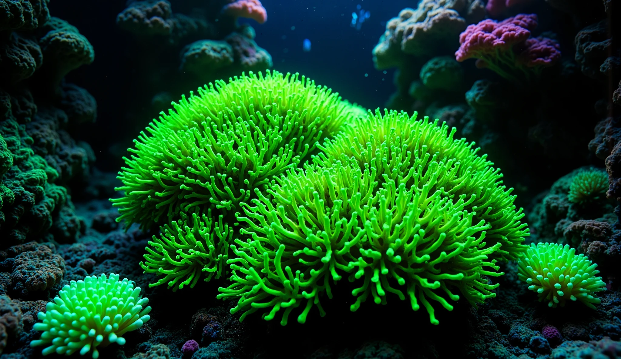 (In the water), Undersea heaven ,((very many fluorescent green giant table corals)),(( detailed colorful purple and blue and green coral reefs in the center)),Realistic Expression , shot with a fisheye lens  ,(( Multiple Fluorescent Green Corals )), (( are filled with 10,000 natural coral groups with lots of extremely colorful colors)), (( lots of green and blue soft corals that emit fluorescent colors )), crystal clear water, , strong sunshine ,Vast coral reefs ,Detailed seaweed ,( lots of colorful tropical fish),( myriad cobalt sparrows ), large blue tropical fish , spiny butterflyfish ,Hanadai-hsien, golden butterflies .Scallops , myriad cobalt sparrows , seahorses, lots of psychedelic starfish on the seabed , life,  lively colors, Serene atmosphere, Quiet, Swaying seaweed ,  array of vibrant colors ) , ( best quality , high resolution:1.2), (In the water photography), ( lively), (  soft diffused lighting  ), Orchestra of Highly Coloured Corals, Vast Seas ,Coral Reef,