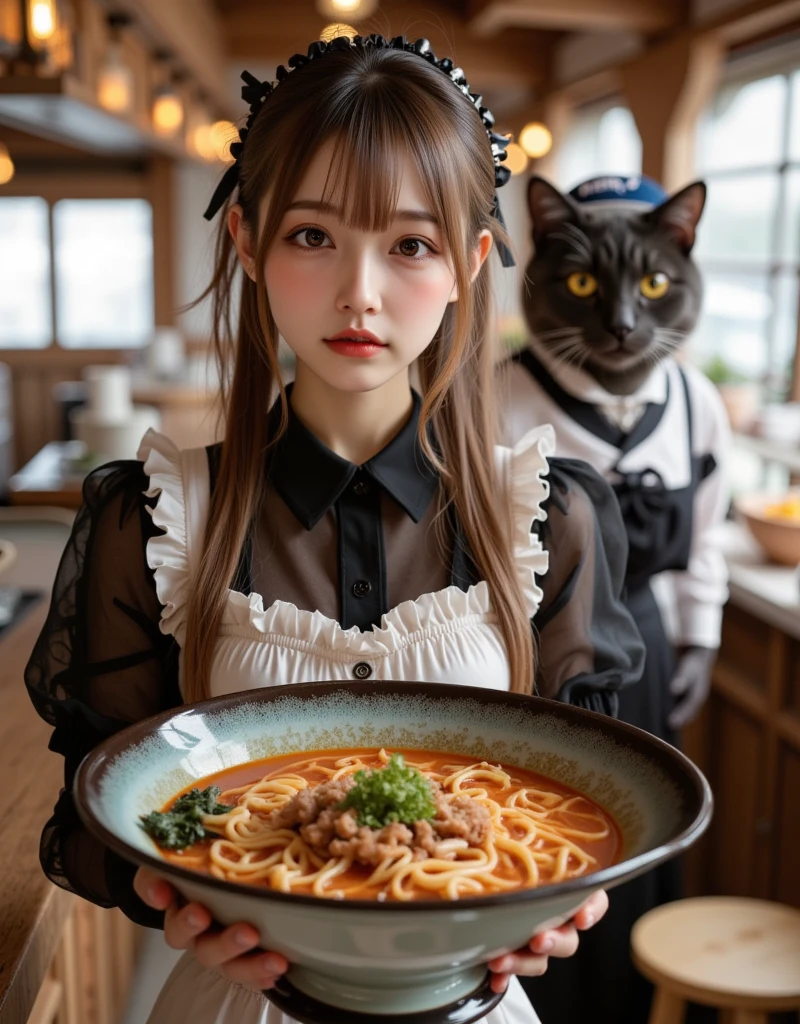 ultra-realistic, photorealistic, dramatic scene, shadow, global-illumination, solo, 1 girl\(age Japanese famous idol girl, very beautiful fragile Japanese, detailed face skin texture, she is waitress with maid costume, wearing a traditional raffled maid outfits, very large breasts, slim waist, big smile, waitress\), she is holding a large bowl of gorgeous ramen very carefully, with a smile, at the kitchen counter of the simple ramen stall, old ramen shop but decorated with stylish furnishings, smile, she looks so happy, a human-like giant black cat\( like a old man, ramen master, standing at the open kitchen and boiling a ramen noodles, wearing a ramen master's white uniform with white hat, little chubby\)