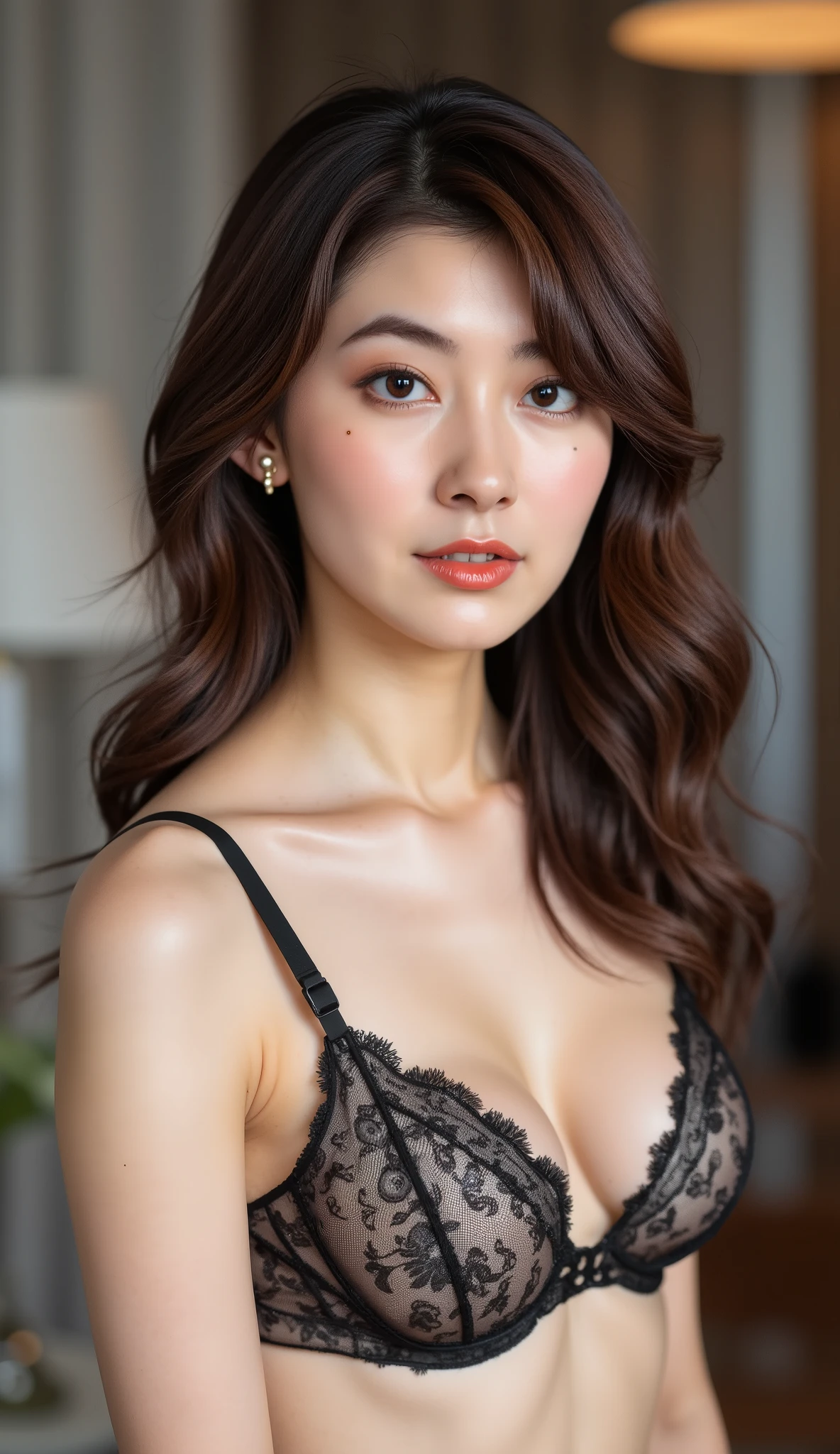 A high resolution photograph of a young Japanese woman, intricate details, extremely detailed, sharp focus, portrait, lingerie shoot, professional lighting, solo, 1girl, an elegant lady, (bra, thong,thighhighs), detailed face, detailed eyes, sophisticated nose, pale skin, seductive pose, sensual face,looking at the camera, indoors, detailed background,