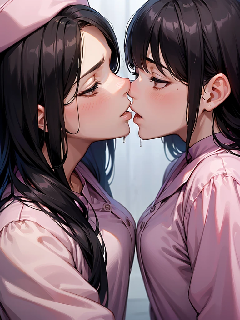 Amazing portrait of a woman and woman kissing each other in a room cutely with romance and kissing mouth to mouth and the kiss is yummy and they're making out in a wonderful scene they're a couple kissing with a lovely kiss which is a holy shot from movie as they're kissing together and kissing each other absolutely and they're very attractive