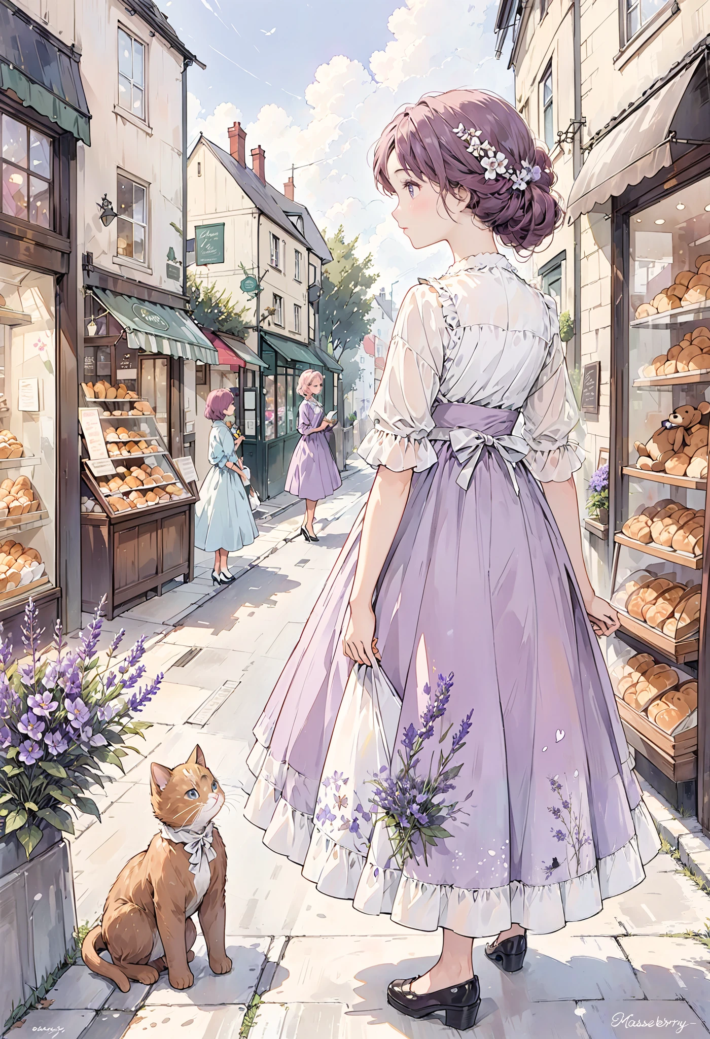 Universe, Illustration with wistaria as the main color, Someone's signature, Maison, city of Manchester, Lavender flowers, Cat walking leisurely on the street, A woman as beautiful as Grace Kelly stands pensive in front of a bakery, She is very fashionable and looks like she is waiting for someone, Nature, Lavender mauve illustration, lilac illustration, rasberry illustration, framboise illustration, rose tendre illustration, Energy, mauve illustration, There are stores with teddy bears on, display, Department, for you