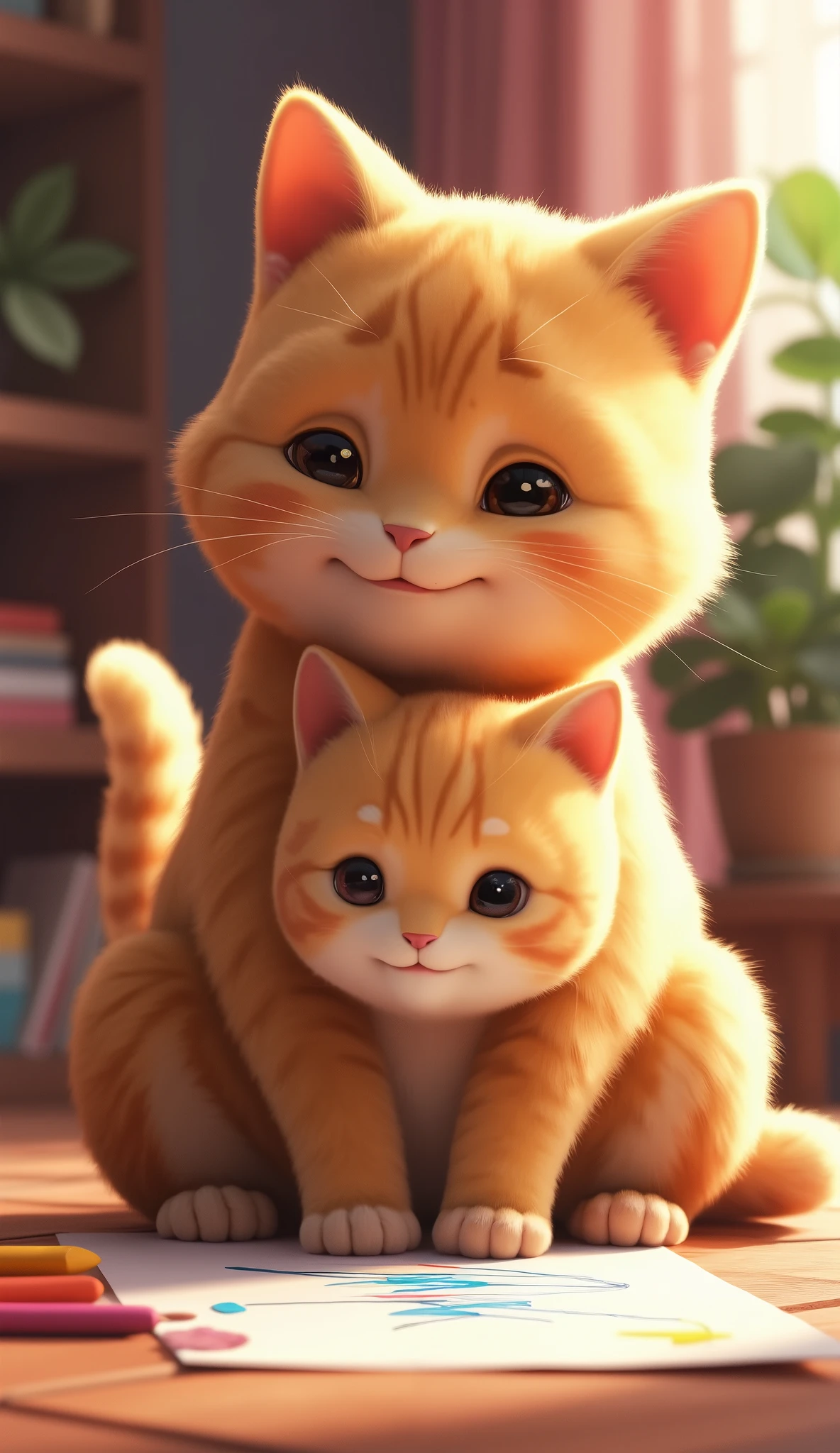 Mother cat and kitty sit in front of drawing paper and draw,Mimi has a happy smile on her face ,The picture is full of warmth。