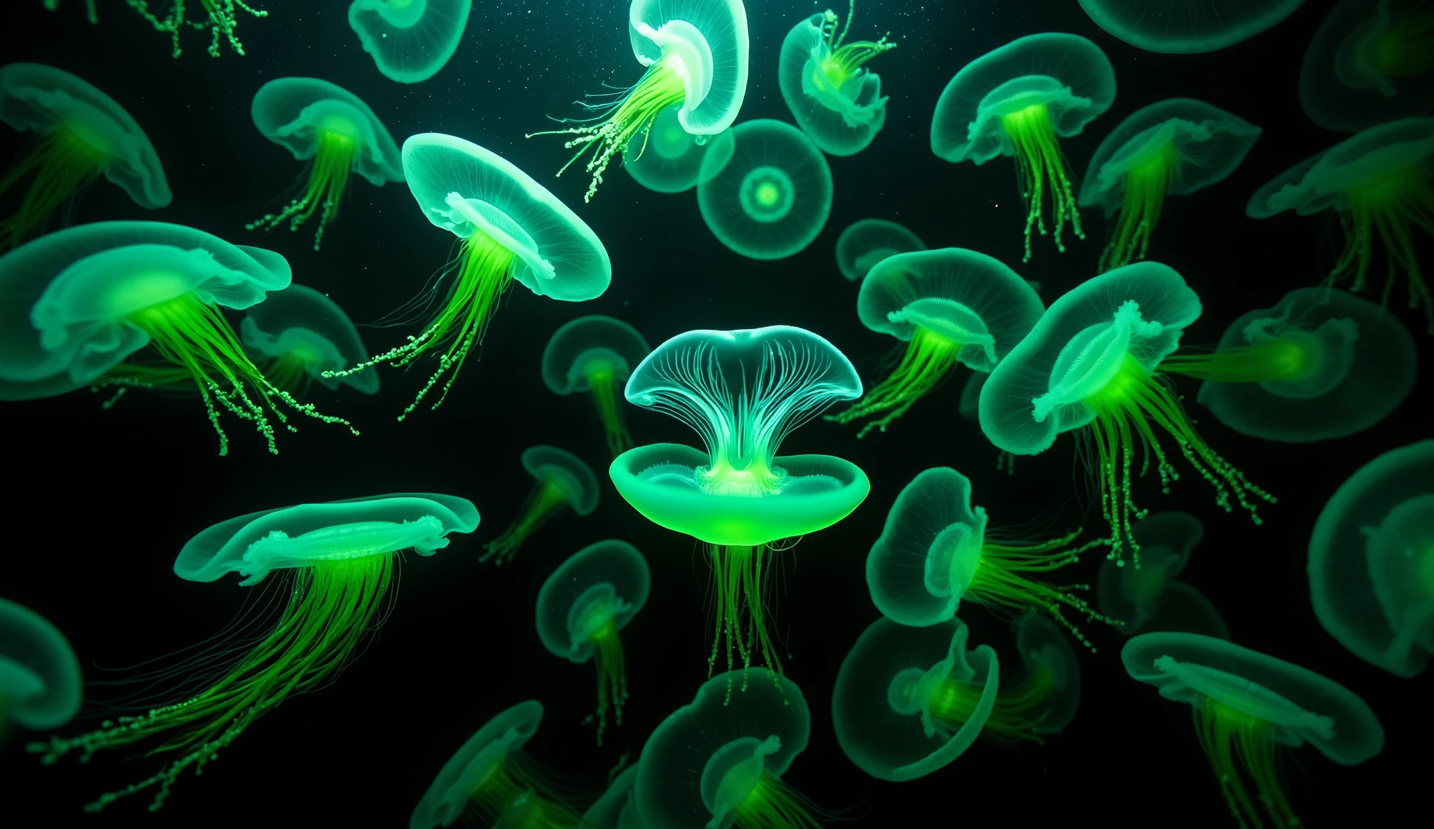  Large numbers of green and turquoise water jellyfish、Beautiful and graceful appearance 、 Countless jellyfish filling the screen 、