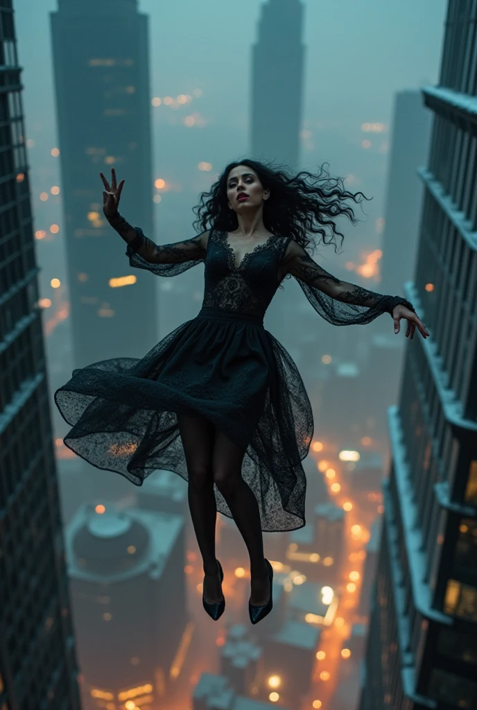 Wild woman in simple knee-length hippie dress,  wearing a black hooded robe.  She has yellow eyes and claws. Standing looking at the city from the top of the building 
