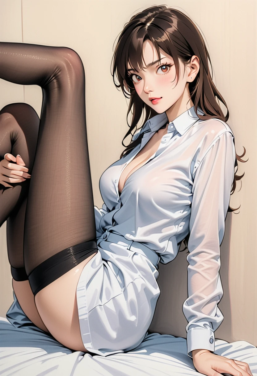 masterpiece,8k high quality detailed,highres,anime,,
illustration \(artbook\),
,OfficeLady_SenpaiSan_DoukiChan_ownwiafu,1girl,brown eyes,brown hair,jewelry,short hair,necklace,hoop earrings,forehead,large breasts,collarbone,nail polish,earrings,bracelet,hair behind ear,detailed_face,((Contemplative expression)),[(<lora:tutult:0.6>, tutult,bodysuit,pantyhose,[black_high_heels],[see-through,covered_nipples])],
<lora:dangle15:0.8>,shoe_dangle,thighhighs | pantyhose | no socks, high heels | loafers | sandals,1girl,sitting,on_desk,legs up,looking_at_viewer,from side,blush,heavy breathing,seductive smile,
(,realistic clothing texture,realistic_skin_texture),<lora:velvia:0.6>,<lora:ANIME_SenpaiSan_DoukiChan_ownwiafu:0.65>,<lora:more_details:0.3>