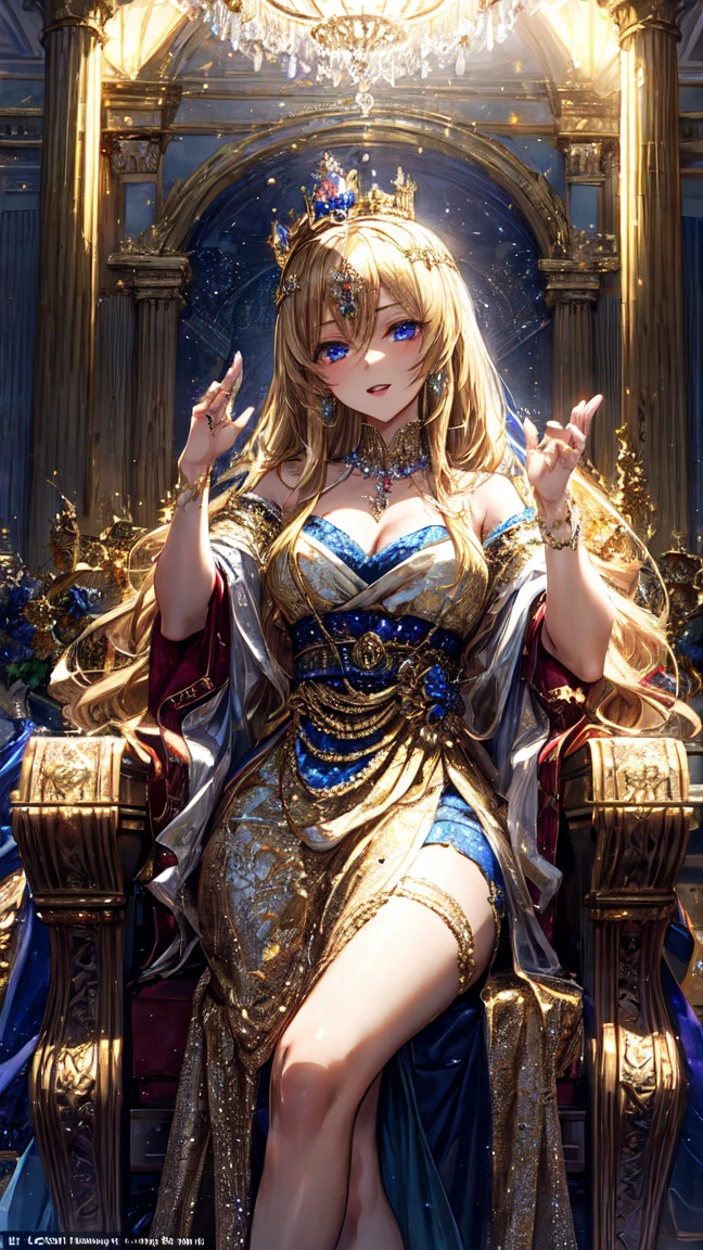 ((anime artstyle)),(Masterpiece),(Best Quality), (Super Detail),((Very Delicate and Beautiful)),(((Solo))),((full body)),(((milf))),(((1 queen in beautiful embroidery and jeweled bling-bling gorgeous rococo ball gown dress with voluminous full length hoop skirt,))),sitting on the throne,(bling-bling),Long train,(((sitting on the gorgeous throne in the throne room,holding a scepter in one hand))),(bling-bling gorgeous gemstone jewelry),detailed face and eyes,jewel-like eyes,seductive smile,((large amount of straight hair,extremely voluminous Very Long Hair,Very Long Straight Hair)),(((gigantic tits,Long tits))),cleavage,(gorgeousfull embroidery and lace),gorgeous corsage,See-through,extremely gorgeousfull hair ornament,(bling-bling extremely gorgeousfull jeweled tiara),ornate ruffles,(hoop skirt,crinoline),((Dynamic Angle)),Looking at viewer,((full body)),((beautiful embroidery and jeweled extremely gorgeous rococo ball gown dress with voluminous full length hoop skirt))