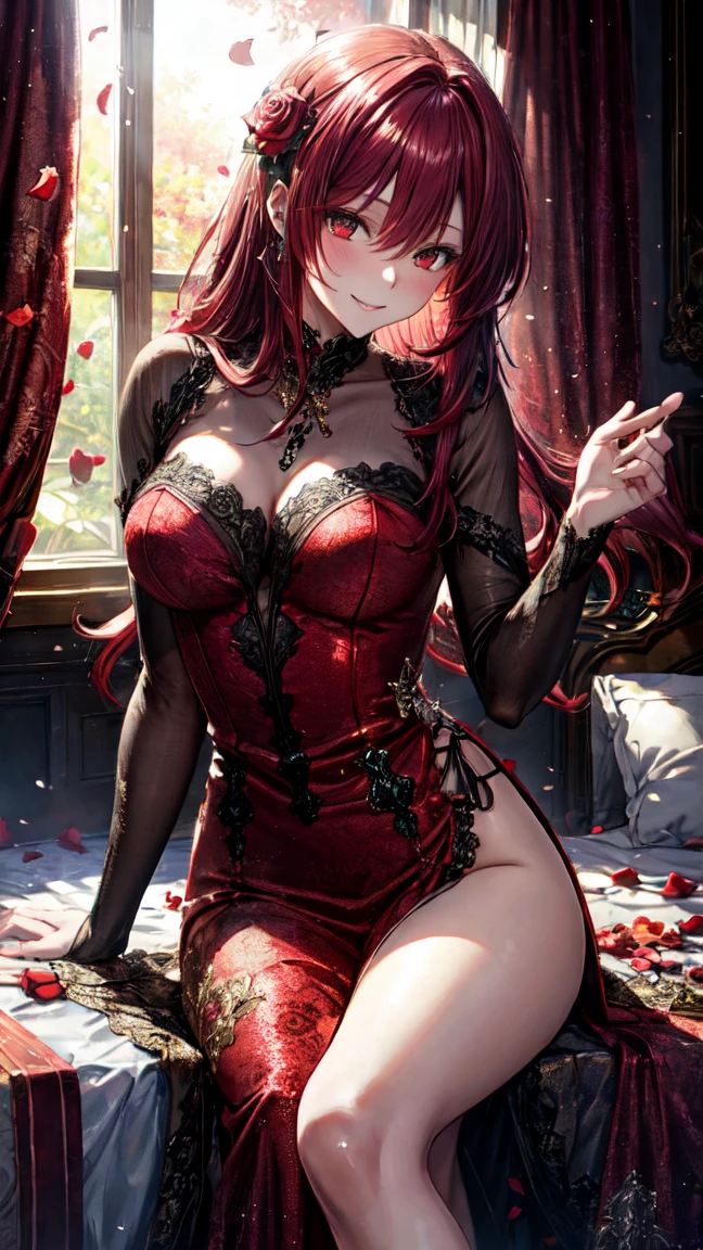 (masterpiece), best quality, expressive eyes, perfect face, elesis, bare shoulders, black gloves,(big breasts:1.3),cleavage,(red and black intricate ball gown :1.4),garter belt,asymmetrical leg wear,(thighhigh heels),blush,red moon scenery,rose petals in the air,(night:1.1),sexy pose,bewitching pose,standing,head tilt,cowboy shot
