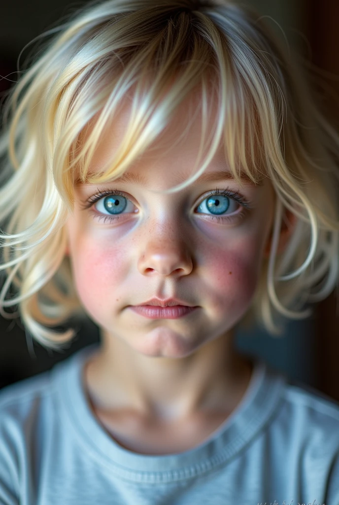 a close-up of a blonde child with long hair, BIG BALL OF electrified ICE IN HANDS. SMOKE BLOOD