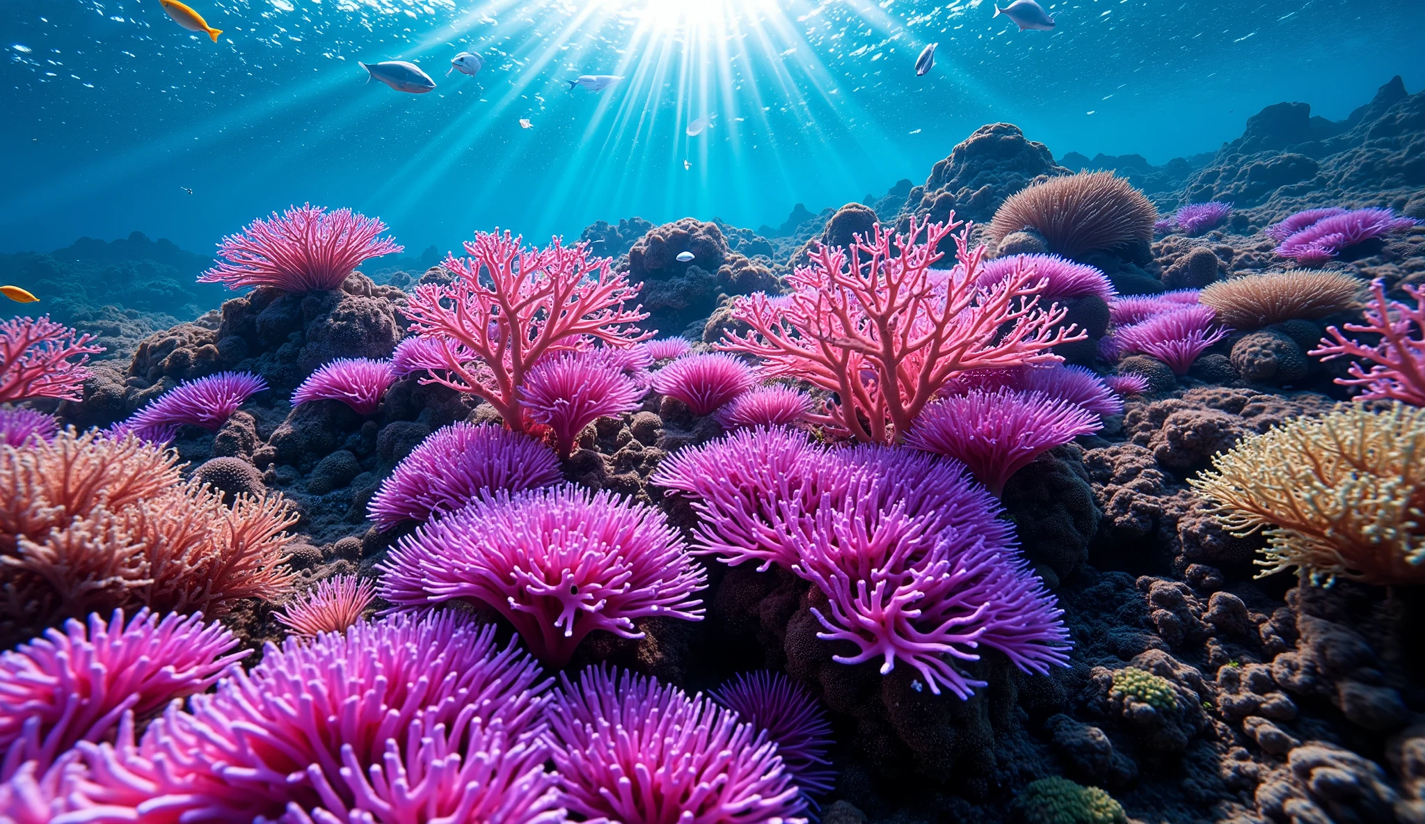 (In the water), Undersea heaven ,((very many fluorescent green giant table corals)),(( detailed colorful purple and blue and green coral reefs in the center)),Realistic Expression , shot with a fisheye lens  ,(( Multiple Fluorescent Green Corals )), (( are filled with 10,000 natural coral groups with lots of extremely colorful colors)), (( lots of green and blue soft corals that emit fluorescent colors )), crystal clear water, , strong sunshine ,Vast coral reefs ,Detailed seaweed ,( lots of colorful tropical fish),( myriad cobalt sparrows ), large blue tropical fish , spiny butterflyfish ,Hanadai-hsien, golden butterflies .Scallops , myriad cobalt sparrows , seahorses, lots of psychedelic starfish on the seabed , life,  lively colors, Serene atmosphere, Quiet, Swaying seaweed ,  array of vibrant colors ) , ( best quality , high resolution:1.2), (In the water photography), ( lively), (  soft diffused lighting  ), Orchestra of Highly Coloured Corals, Vast Seas ,Coral Reef,