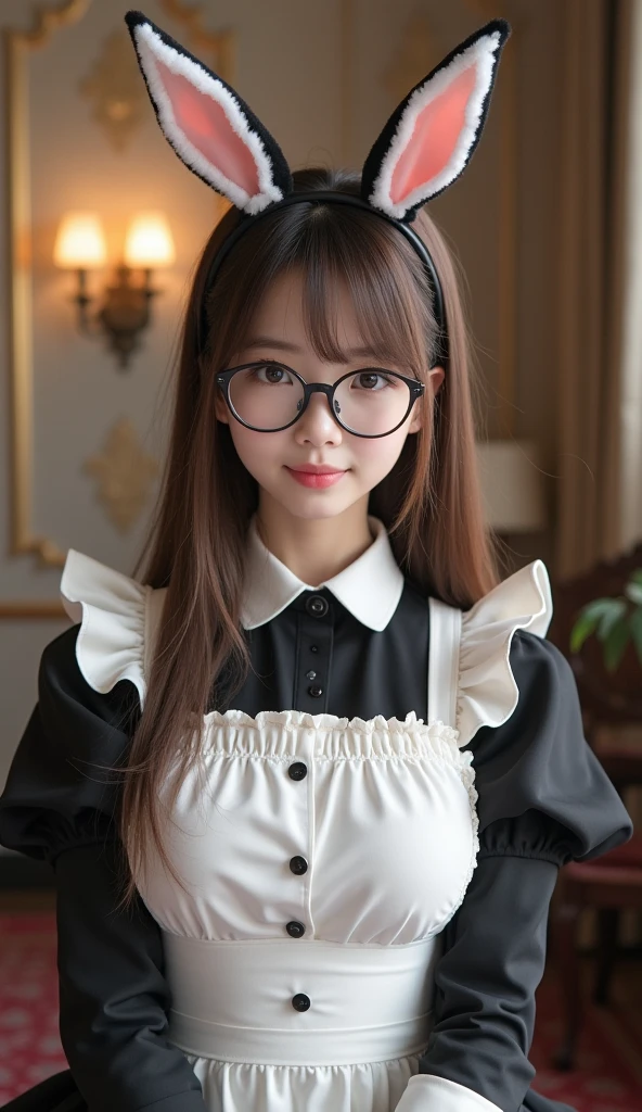 hot realistic, Highest quality, Ultra-high resolution, RAW photo, realistic, Bright lighting, face light, Smooth Professional Lighting, 1 Female, 20-year-old, Beautiful Japanese Women, Japanese idol super beauty, Realistic Skin, Realistic Skin, Real eyes and faces, Perfect plus-size model physique, Beautiful Eyes, Big eyes, Inconspicuous Tear Bags, (((Glasses))), glossy pink lips, Huge breasts:1.8, very good, Natural Makeup, beautiful fingers, Very long hair, Brown Hair, brown eyes, seems to be happy, (Both ears are covered by hair), A photo of a bunny girl wearing a maid outfit, The character is wearing a bunny girl outfit, an adaptation of the classic maid outfit., A black and white maid outfit adorned with frills and ribbons, With rabbit ears and a tail, The background is a room in a classic Western-style mansion., The overall scene has a cute and elegant atmosphere.