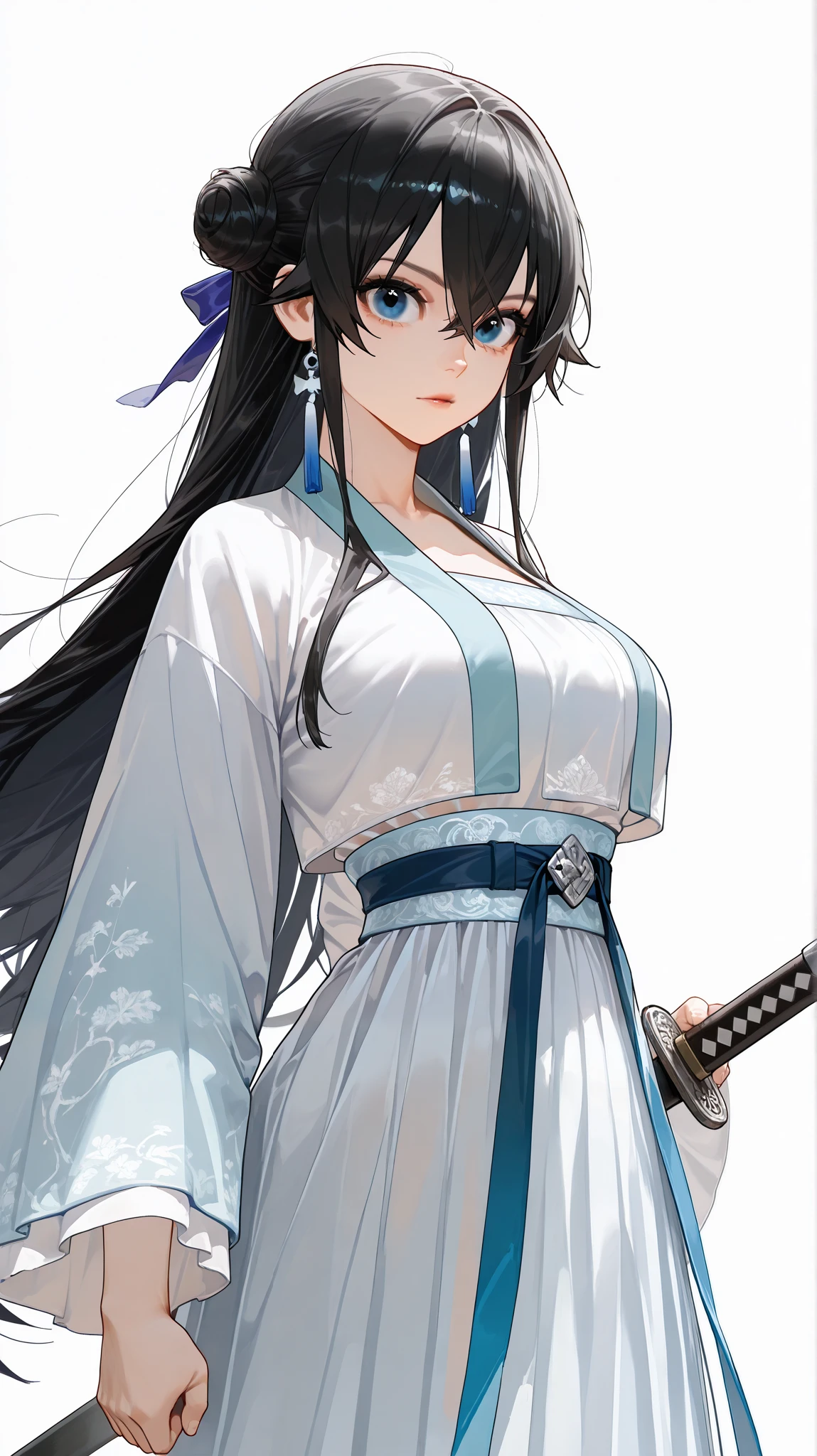 (걸작, 고해상도, 2k 해상도, 매우 상세한, best_quality, detailed_eyes_and_detailed_face), 정면, (1 여자, 완벽한 얼굴), (black_short_long_hair, 1_top-bun, blue_eyes), (white_hanfu_top, white_hanfu_skirt, blue_belt),((monolid)),(front_view, front_whole_body_shot), looking_at_viewer, healthy_body, white_background, wuxia, cute,pretty,beautiful, mature, healthy_body, (tall_height), standing , wearing_sword
