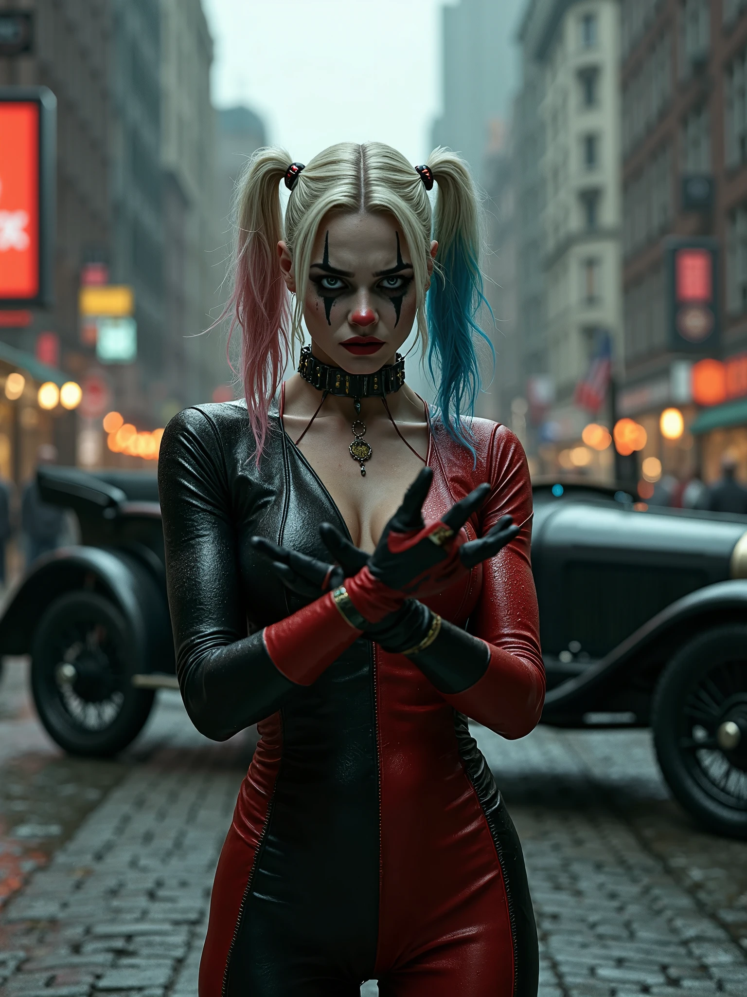 Villain Harley Quinn, long colored hair, Smeared makeup, tight costume, Belt with shiny buckle, A bat in his hand, exteriors, night city, higly detailed, Realistic full-length photo
