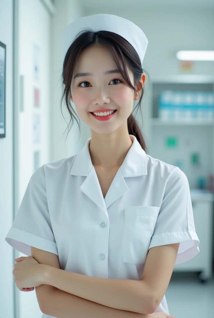 (RAW photo, best quality), (realistic, photo-realistic:1.3), wide angle photo, masterpiece, 1girl, cute, young, (upper body:1.3), realistic face, standing, studio lighting
in hospital operating room, surgical gloves, medical equipment, anesthesia machine
(((White))) nurse uniform smooth, nurse, nurse hat, stethoscope Dr. She