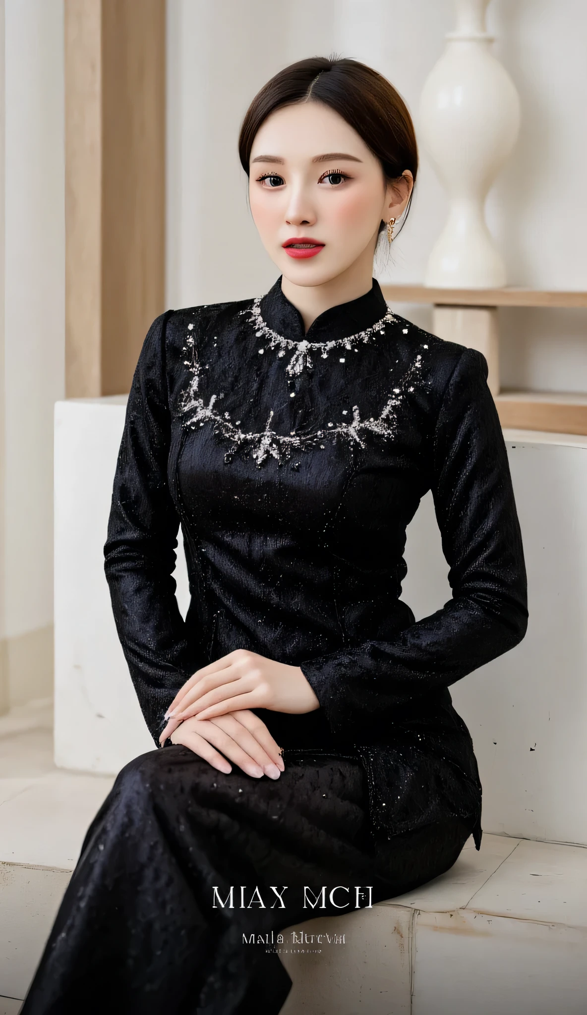 a 25-year-old woman, sitting , front facing body and legs, using black color kebaya, dark red lips , very detailed image quality