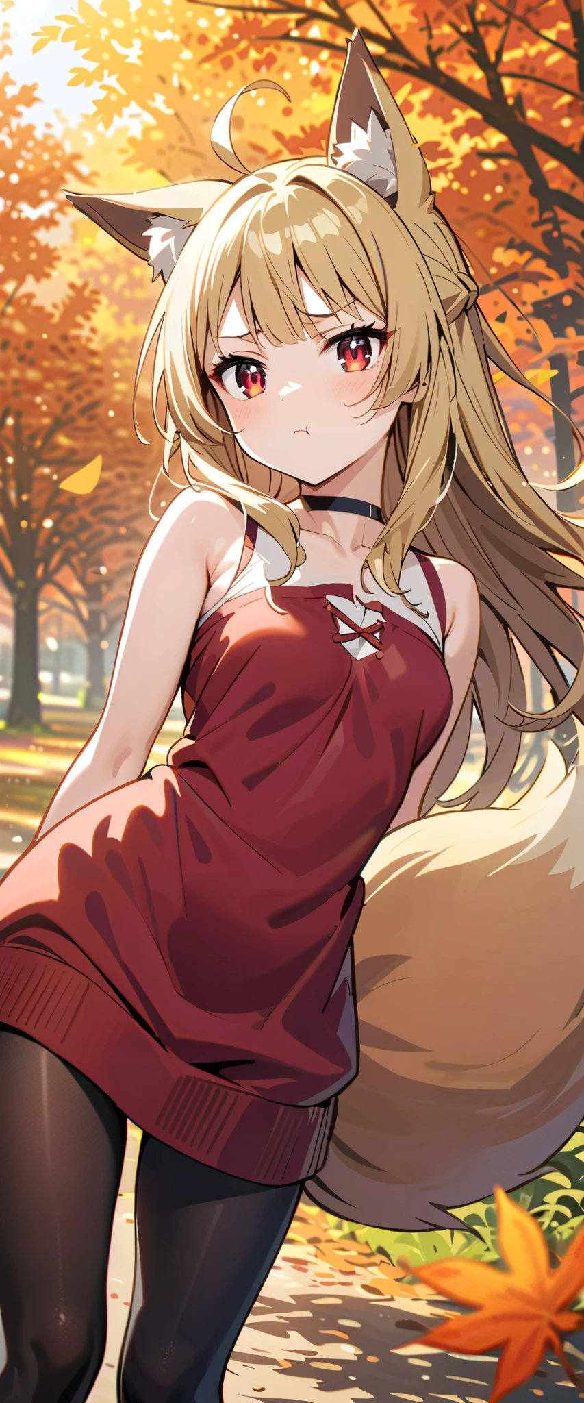 (high-quality, breathtaking),(expressive eyes, perfect face) 1girl, female, solo, maomao, cowboy shot, medium full shot, blonde hair color, alluring red eyes, long hair, flat chested, small breasts, small stature, fox ears, fox tail, mature, small Ahoge, Autumn trees background, falling autumn leaves, light pink sweater, black leggings, anime pout face, tsundere, looking away from viewer, HD, High quality image, dusty particles floating around, black choker,

