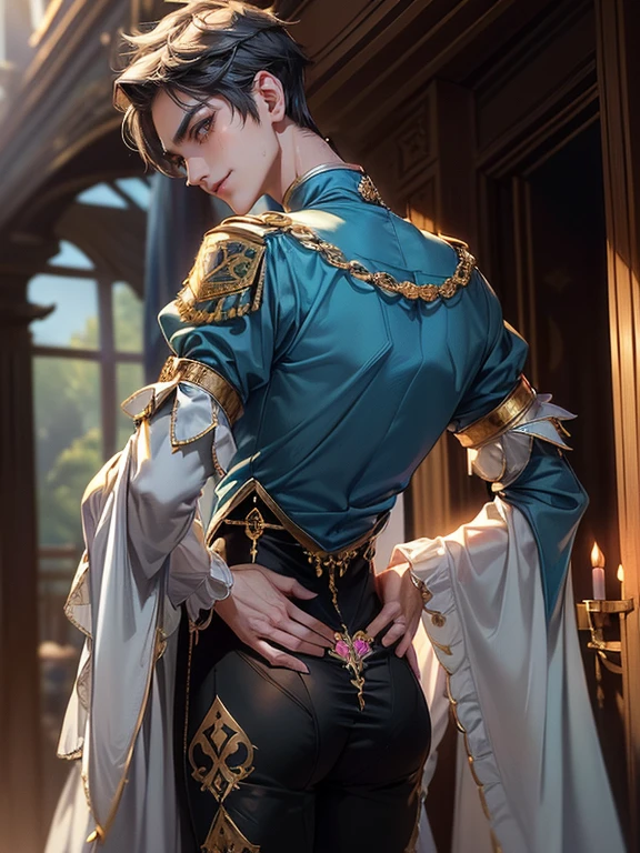 (masterpiece,best quality,ultra_detailed,highres,absurdres), (detailed shadow), (quality light),1 (mature_male:2.0) (1boy:1.5) (with bulge:1.7), (yaoi, ikemen:1.5), (slanty_eyes), 30-ish, (muscleale focus, solo), short black Quiff hair with Soft Fringe (bangs part on side 3:7 ratio), blue eyes (detailed eyes), androgynous young beautiful pretty cute elegant (latin_empire:1.3) (empress_boy) in (jeweled ornamented embroidered laced:1.5) (colorful:1.7) (empress_uniform:1.8) with (long_sleeves, long_shirts, long_pants:2.0) is (walking along expansive_luxury_marbled_secret_garden:1.5), (eyelashes), (thigh_gap), (feminine_girly_sexy_seductive_womanly_milf_femboy:1.6), (ladyboy:1.6) (slim_slender_thin_svelte_lissom:1.7), (athletic_muscular:0.8), (pectorals), (broad_chest, broad_shoulders:0.8), (narrow_waist:0.8), (dented_waist:0.8), (thick_thighs:0.8), (wide_hips, wide_pelvis:0.8), (warm_smile:1.4), (dented_back:1.3), (arched_back:1.3), short hair, looking at viewer, parted lips, ((PERFECT_FACE)), ((finely_detailed_beautiful_eyes_and_detailed_face)), (best_illumination, best_shadow, an_extremely_delicate_and_beautiful)
