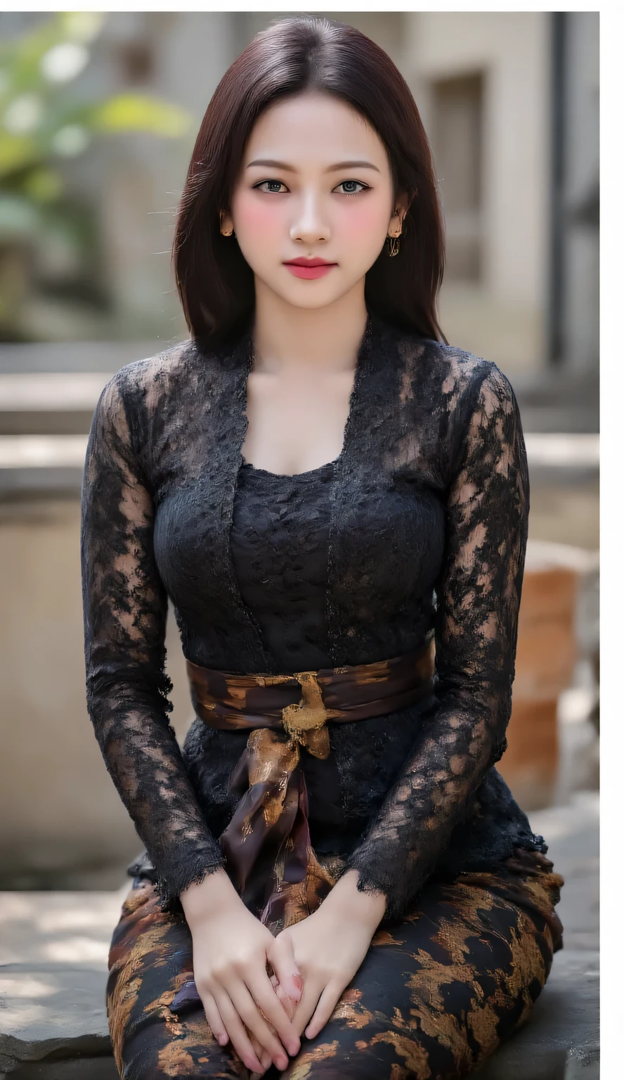 a 25-year-old woman, sitting , front facing body and legs, using black color kebaya, dark red lips , very detailed image quality