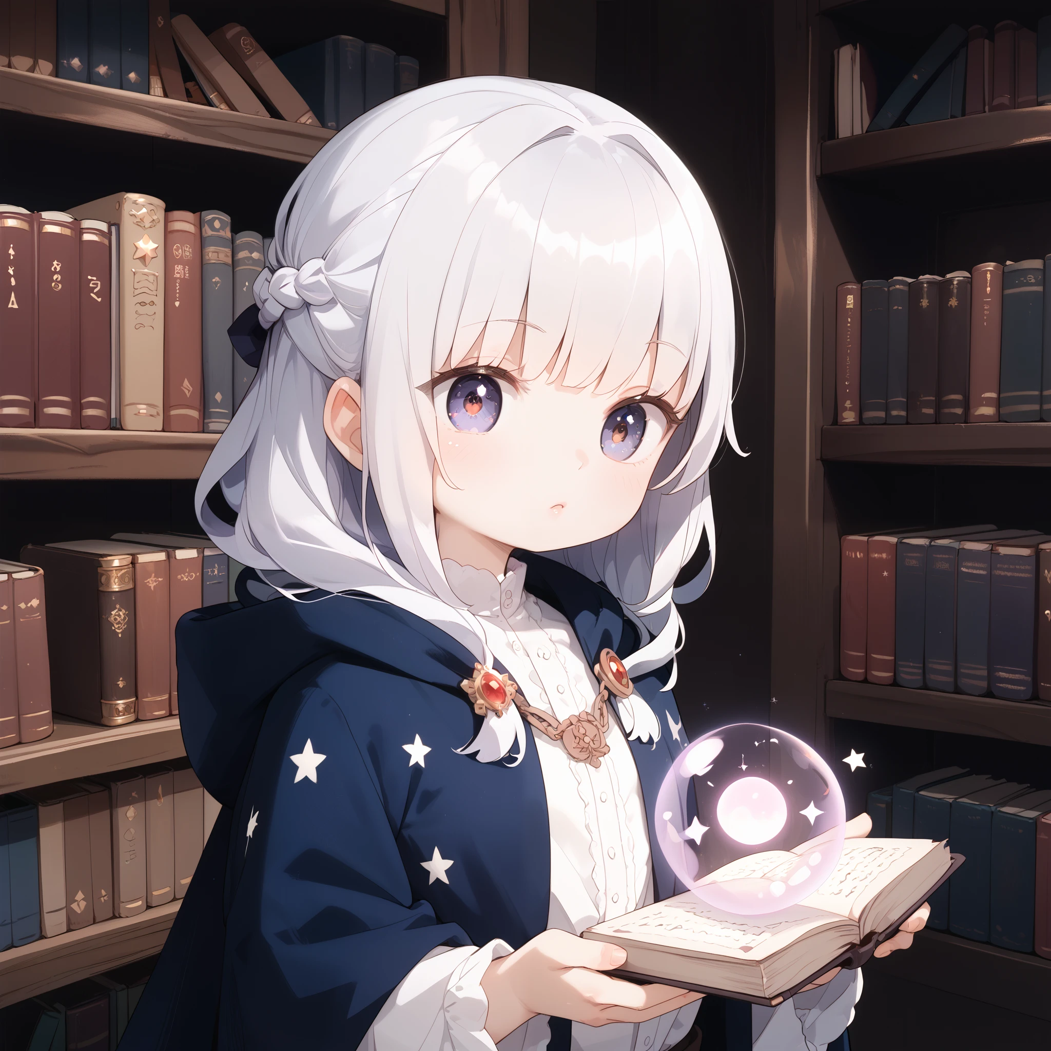 A wise-looking wizard wearing a starry cloak, holding a glowing orb with a question mark inside it. The background is a mystical library filled with ancient books and magical lights.Digital art portrait of 