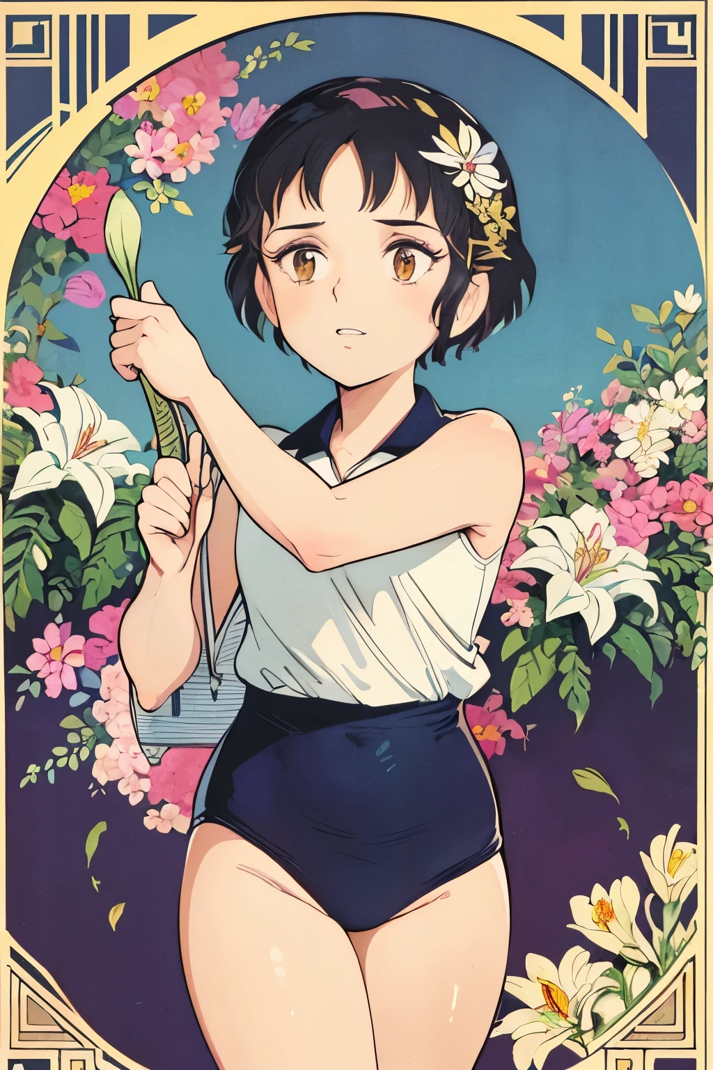 Poster,(a lot:1.2),((Art Deco,Botanical Art,Flower Art)),(Floral:1.2),Lily flower,
(masterpiece, Highest quality),(Vibrant colors,colorful),(Amazing details,Detailed Background),Anatomically correct,Accurate drawing,Detail View,Sense of luxury,

Girls , ite, lol slim, wearing a Black gymnastics bloomers, High leg、white blouse, cowboy shot, 