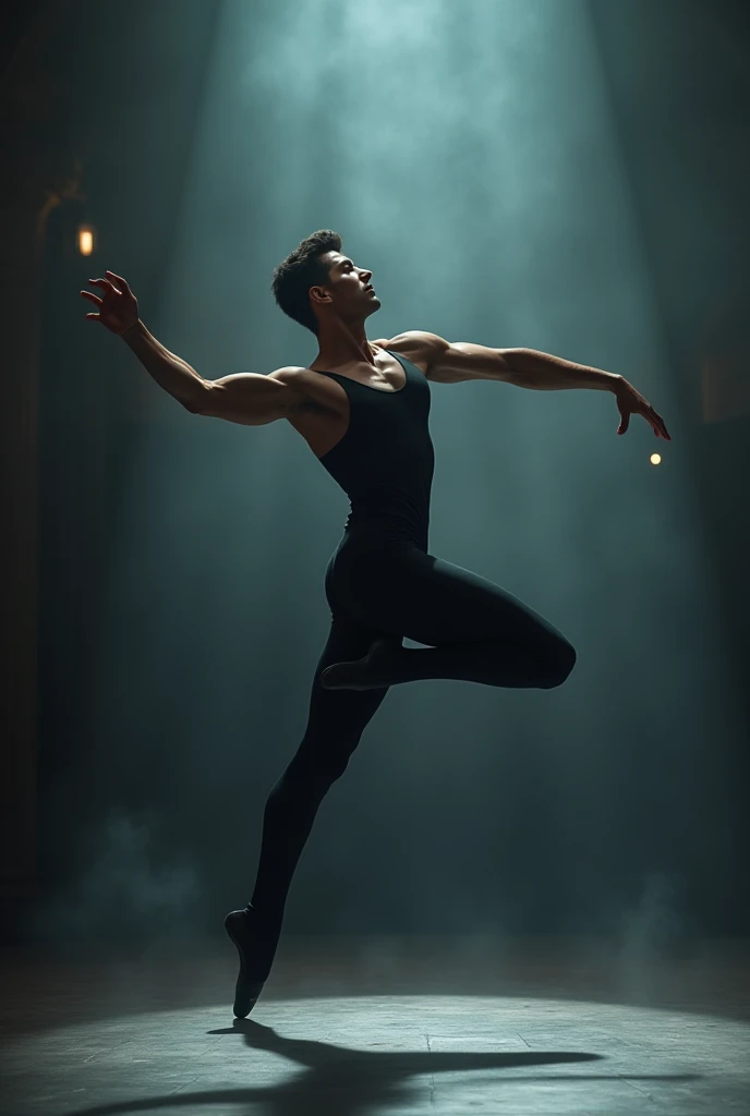 (masterpiece:1.35),(bestquality:1.4),8k,ultra-detailed,photography,(ultra-realistic:1.4),Art Composition,sharp focus,HDR,1boy,solo,Young Asian male,(topless:1.41),modern dance,dramatic dark lighting,stage performance,smoke and fog,elegant and graceful,synchronized with other male dancers,intense and dynamic movements,bare upper body,tight-fitting suit pants and leather shoes,expressive facial expression,professional dance routine,energetic and powerful,atmospheric and captivating,dynamic contrast between light and shadow,vibrant stage atmosphere,skilled and precise dance technique,captivating stage presence,mesmerizing performance,captivating audience,confident and charismatic,fluid and graceful movements,captivating stage presence,artistic and emotive,contemporary dance style,captivating performance,