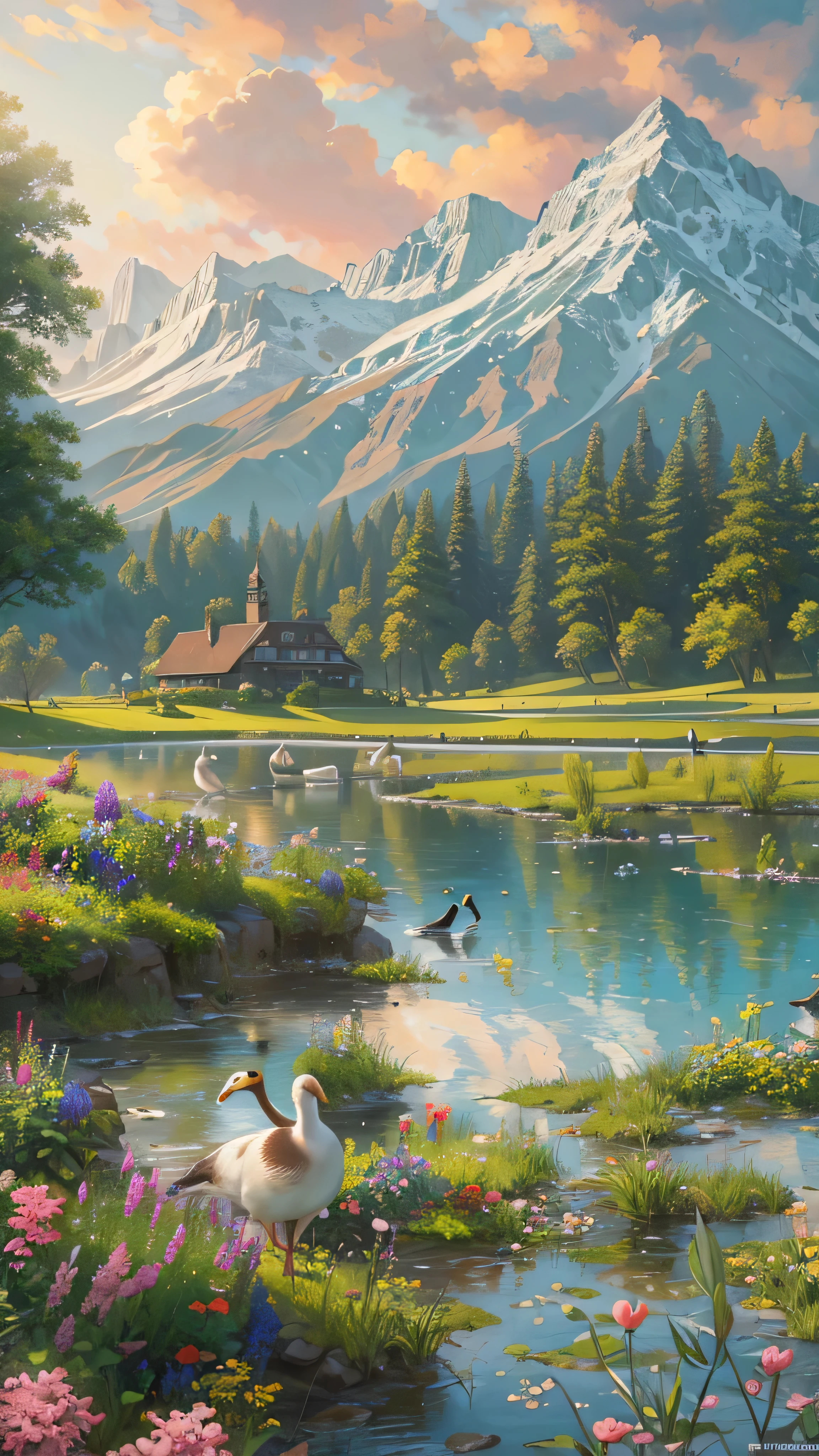 Painting of ducks in a pond with a mountain in the background - SeaArt AI