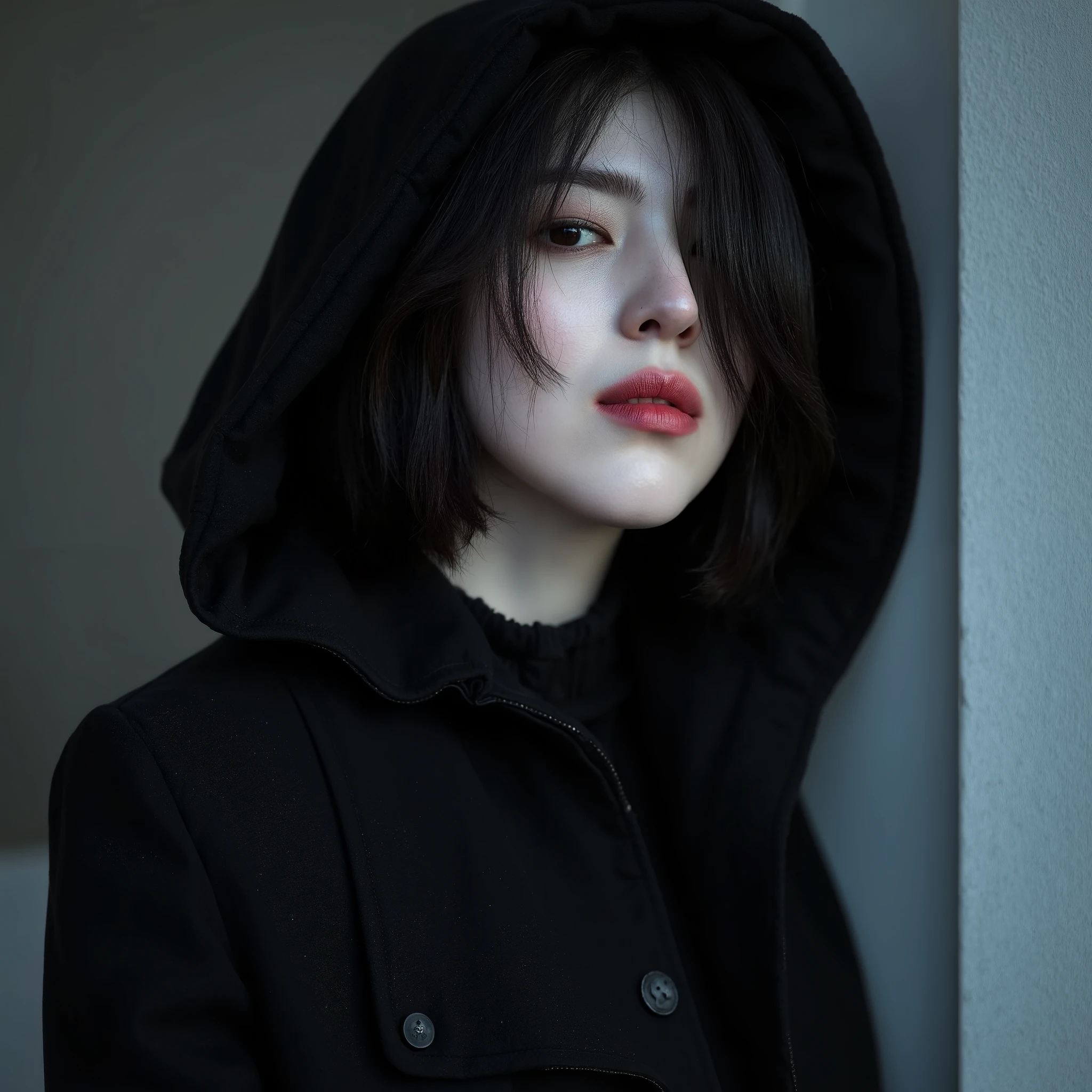 18 year a beautiful korean woman, han sohee, with short untidy black hair up to her shoulders, dressed in black, black hood, cold look, red pupils, glossy lips, red eyes, large breasts, High resolution, very detailed, Plano general