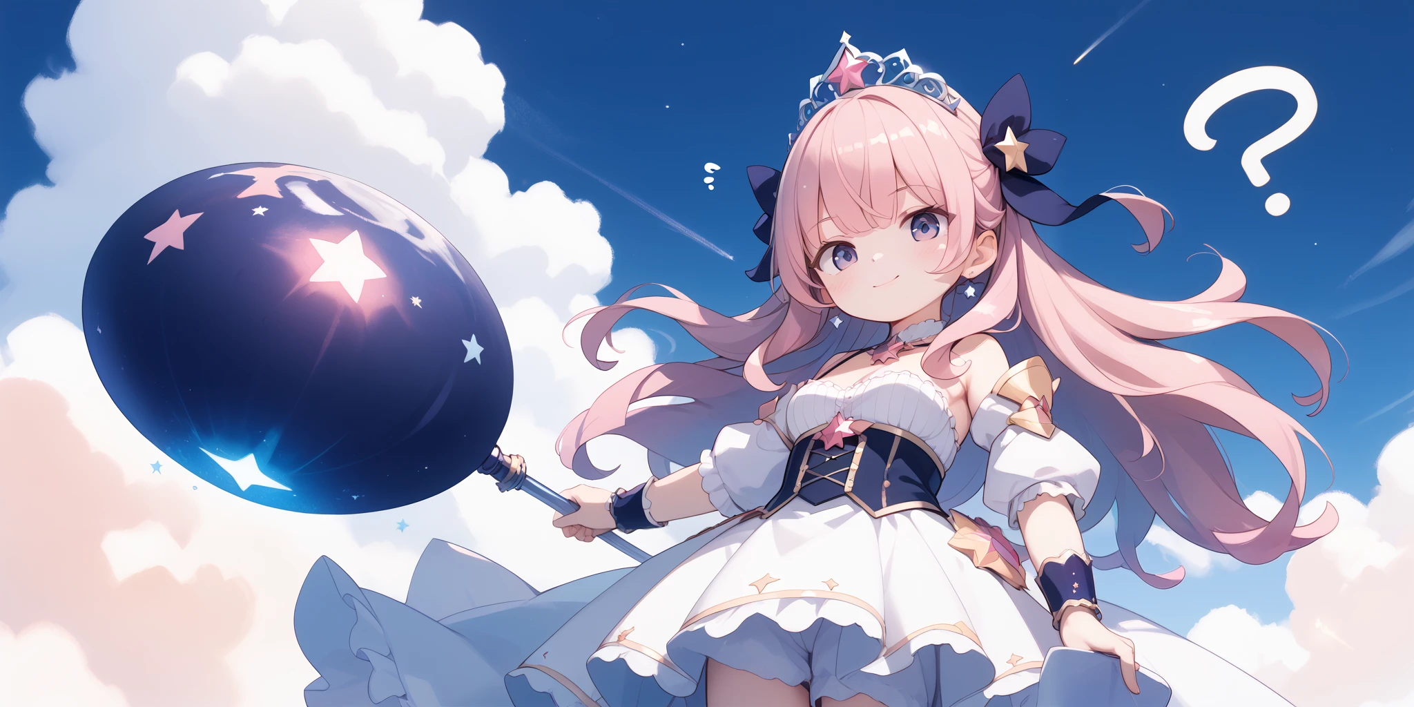 A grand magical tower surrounded by glowing runes and floating question marks. The setting is whimsical and enchanting, with a mix of stars and clouds.