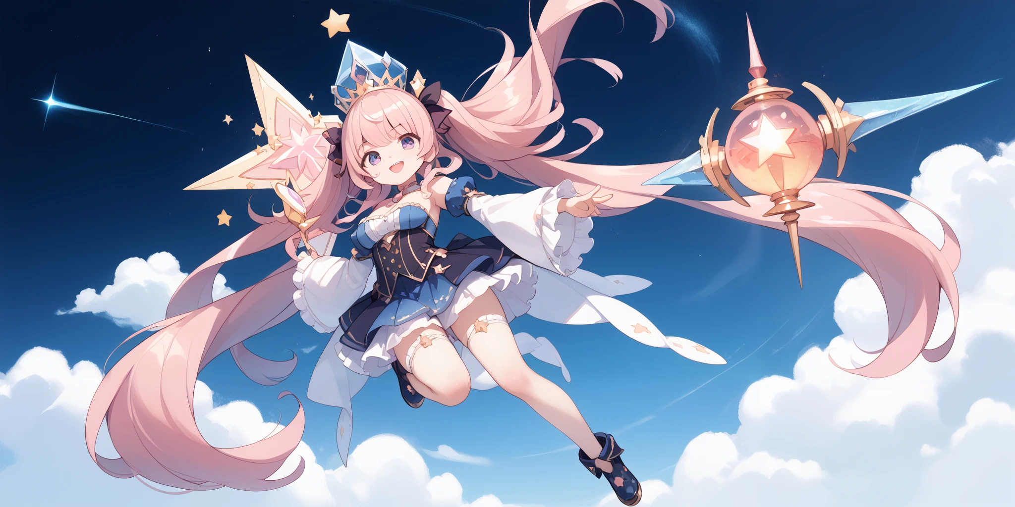A grand magical tower surrounded by glowing runes and floating question marks. The setting is whimsical and enchanting, with a mix of stars and clouds.