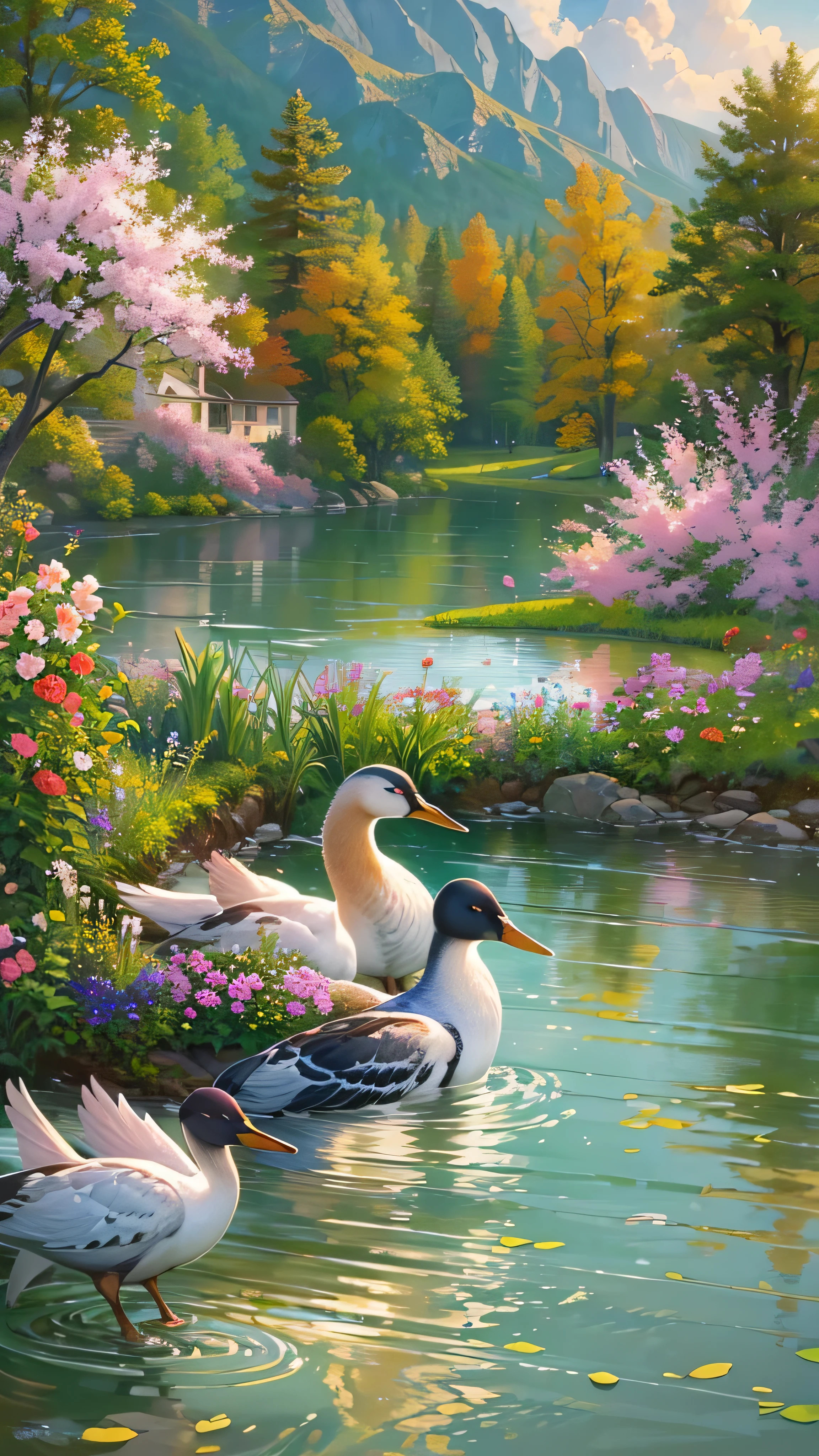 Painting of ducks in a pond with flowers and trees in the background ...